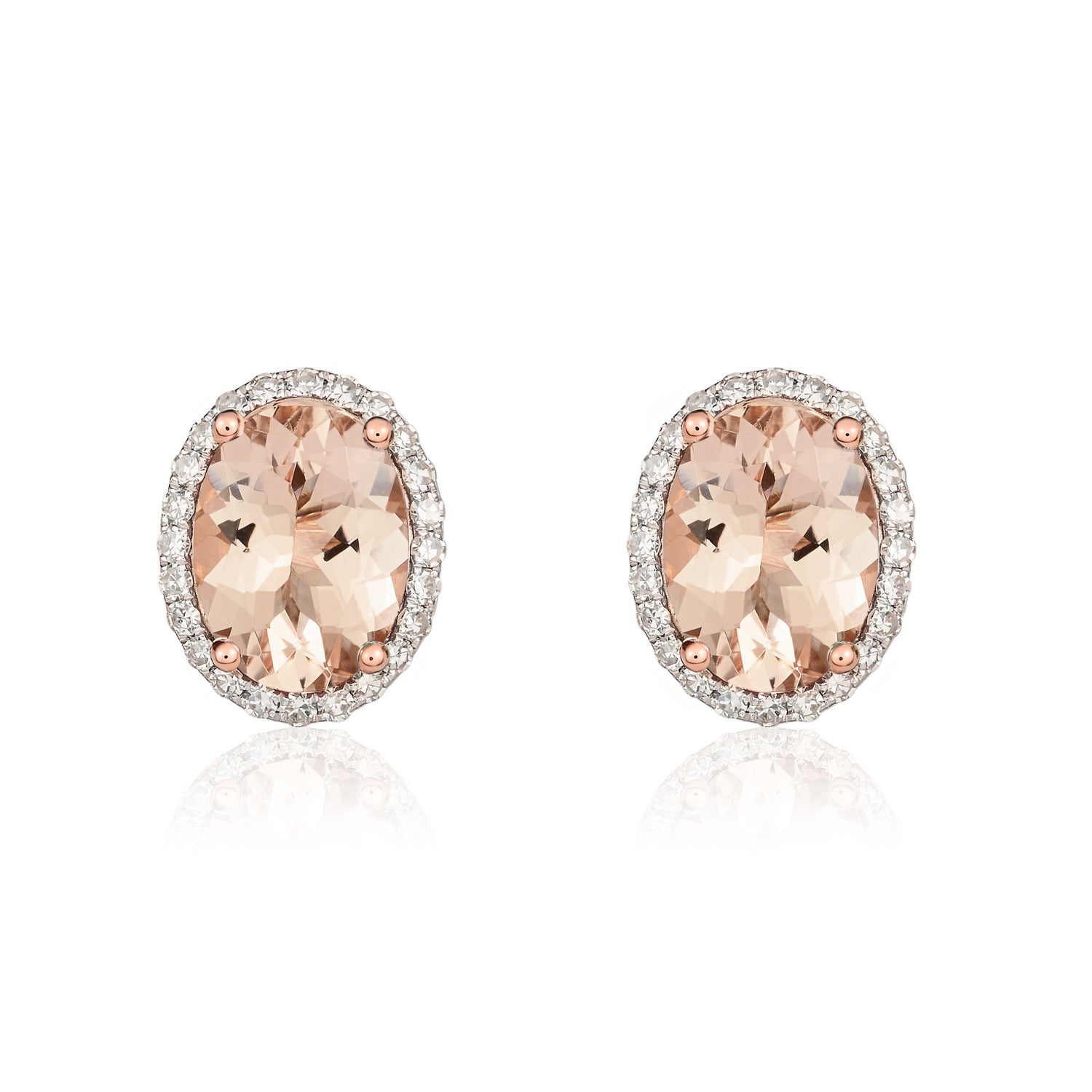 9ct Rose Gold 8x6 Oval Morganite & Diamond Claw Set Cluster Earrings Rhodium to Diamonds