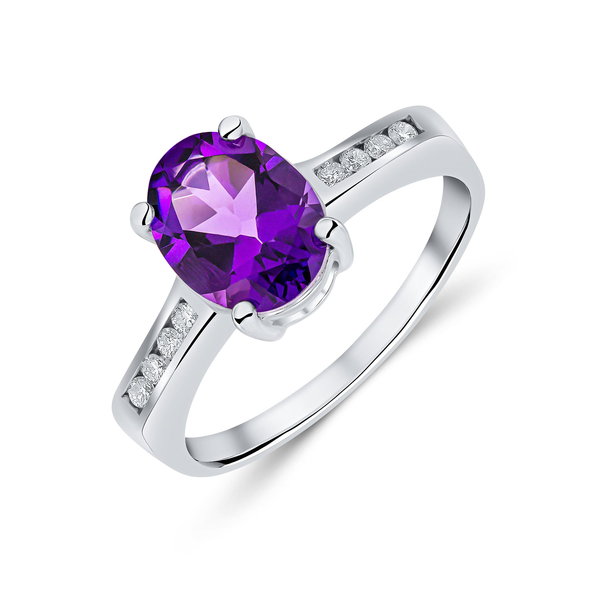 9ct White Gold 9x7mm Claw Set Oval Amethyst Single Stone Ring with Channel Set Diamond Shoulders