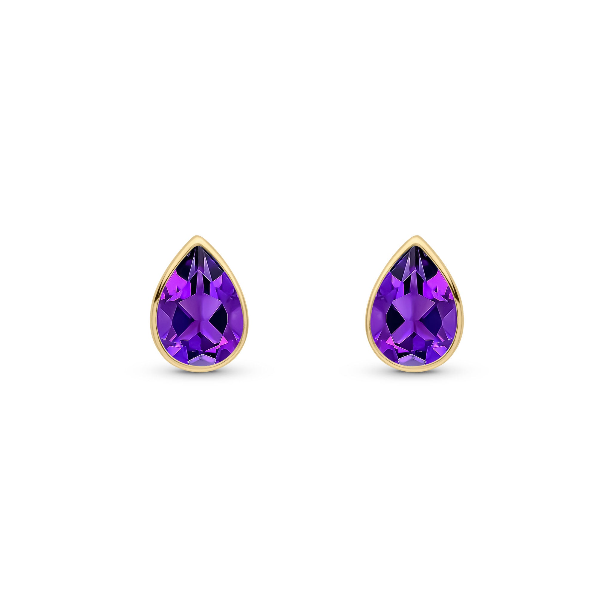 9ct Yellow Gold 7x5 Pear Shape Amethyst Rubover Set Earrings
