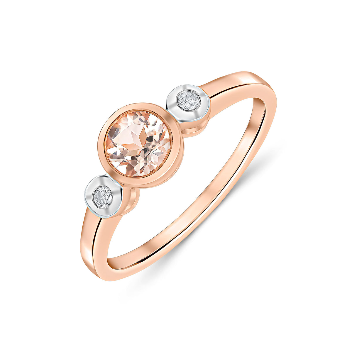 9ct Rose Gold 5mm Round Morganite and Round Diamond Rubover 3 Stone Ring Rhodium to Diamonds