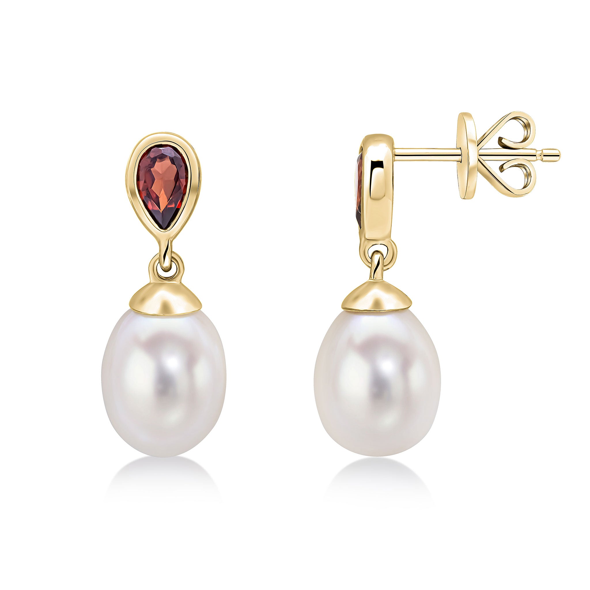 9ct Yellow Gold Pearl & Single Pear Shape Garnet Drop Earrings