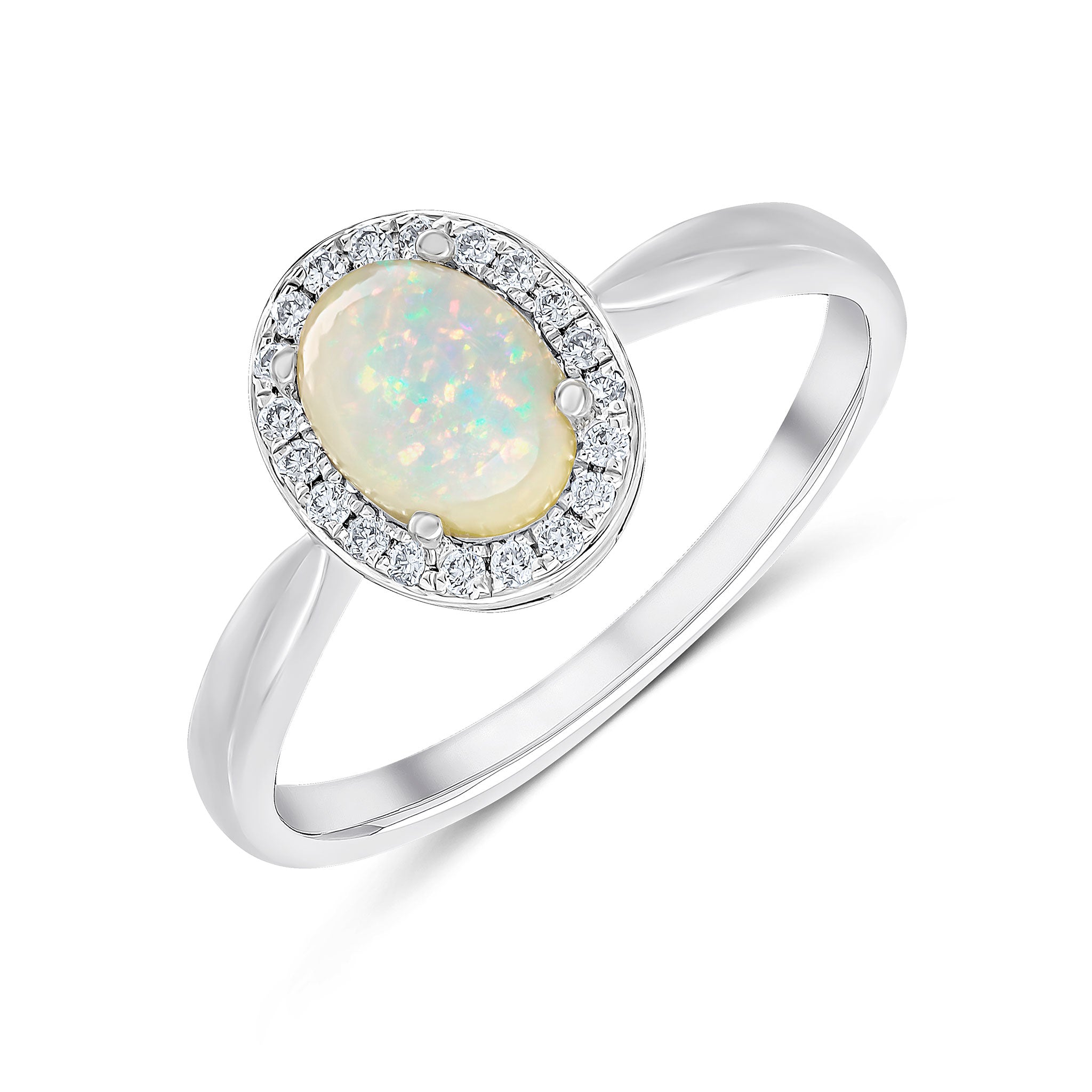 18ct White Gold Claw Set 7x5 Oval Opal & Grain Set Round Diamond Cluster Ring Rhdodium to Diamonds