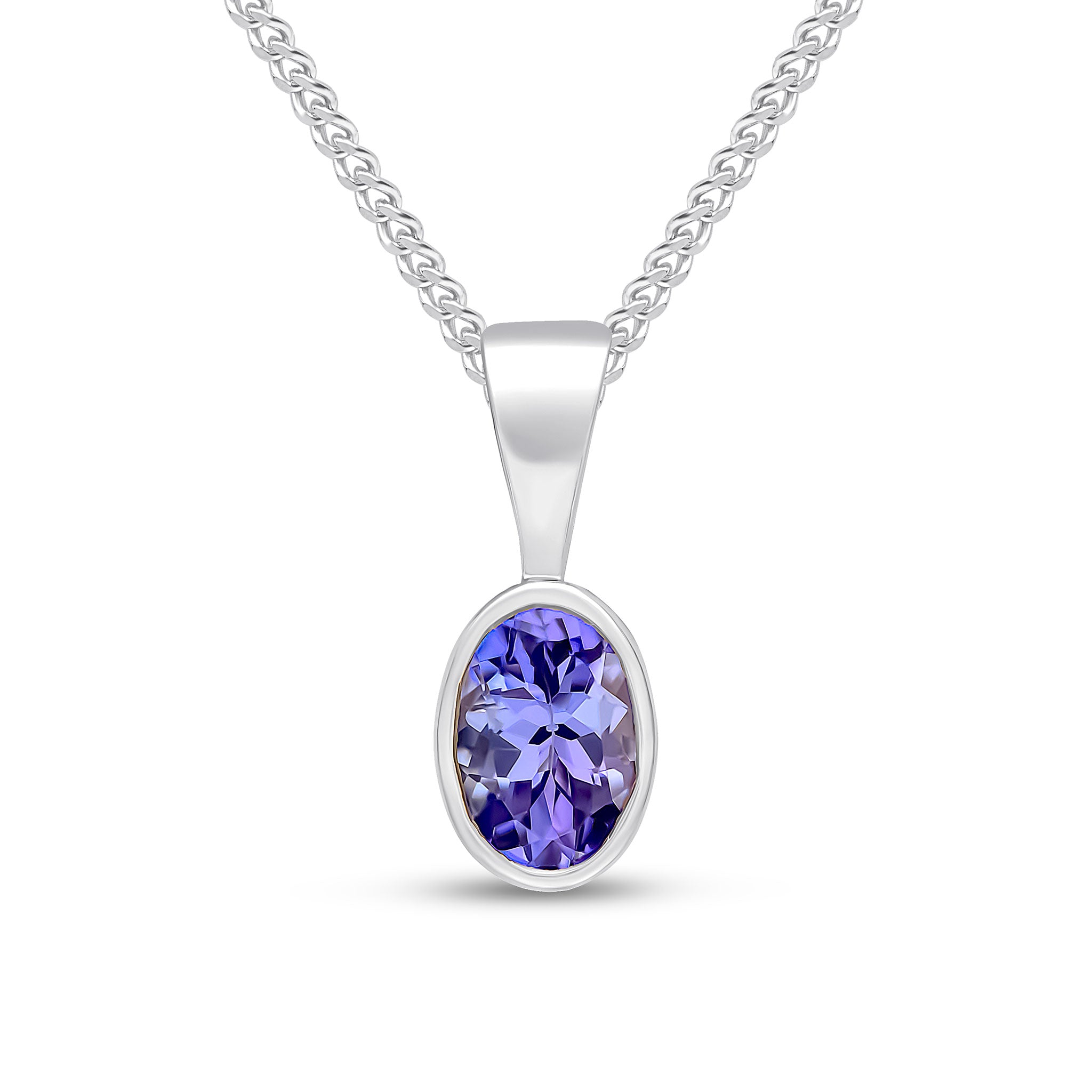 9ct white gold 6mm x 4mm Oval Tanzanite Rubover Pendant