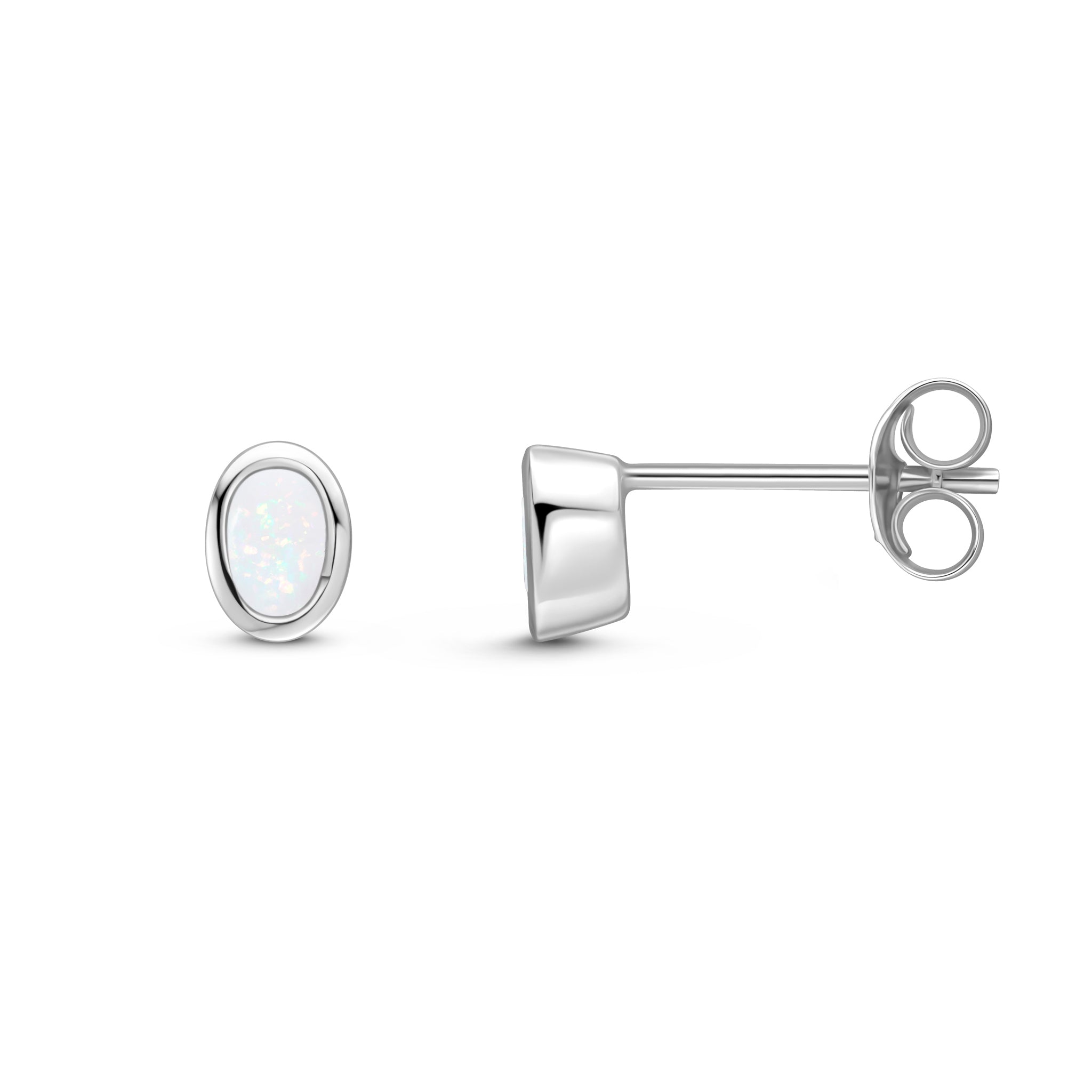 9ct White Gold 4x3 Oval Opal Rubover Earrings