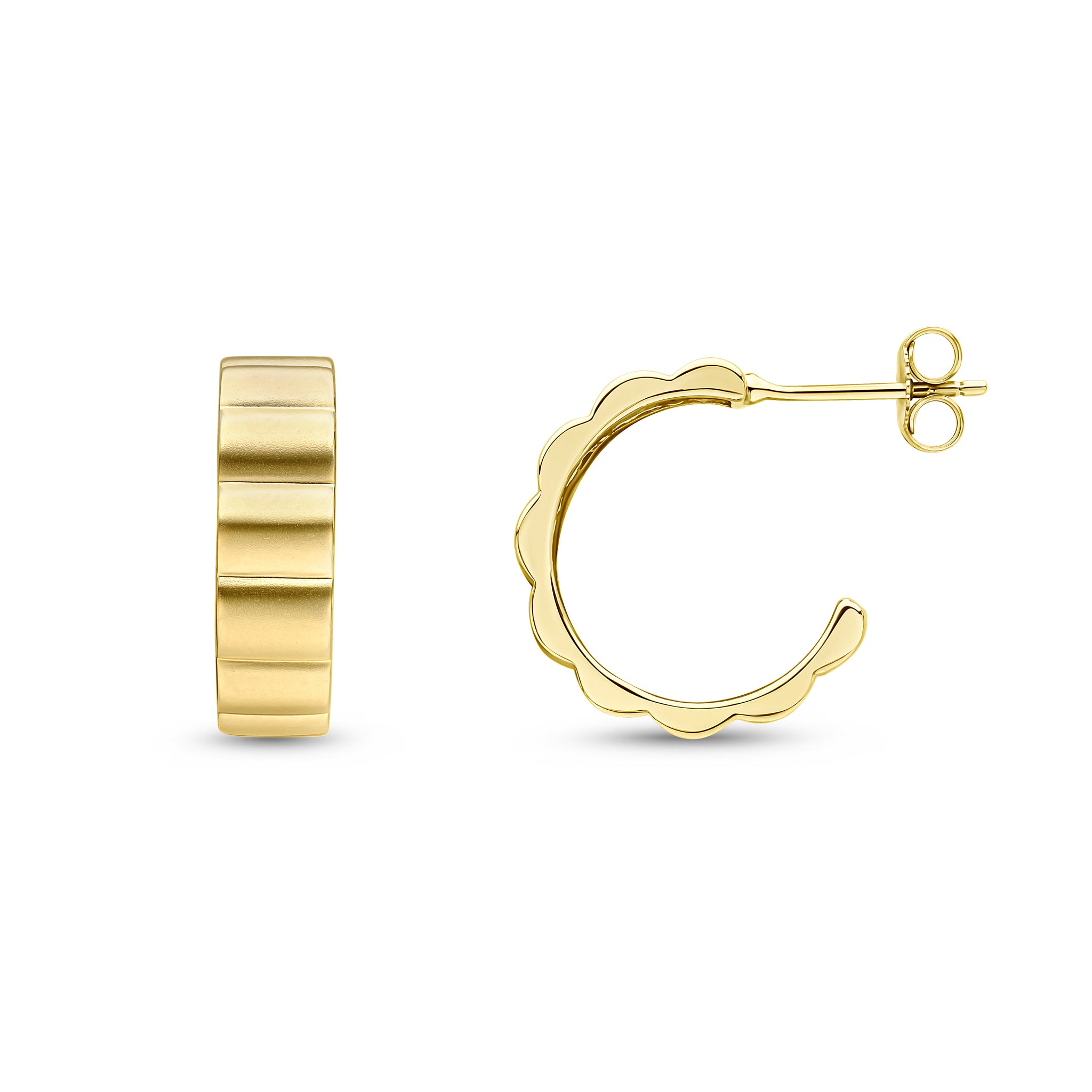 9ct Yellow Gold Satin Finish Ribbed Half Hoop Earrings with Peg and Scroll Fittings