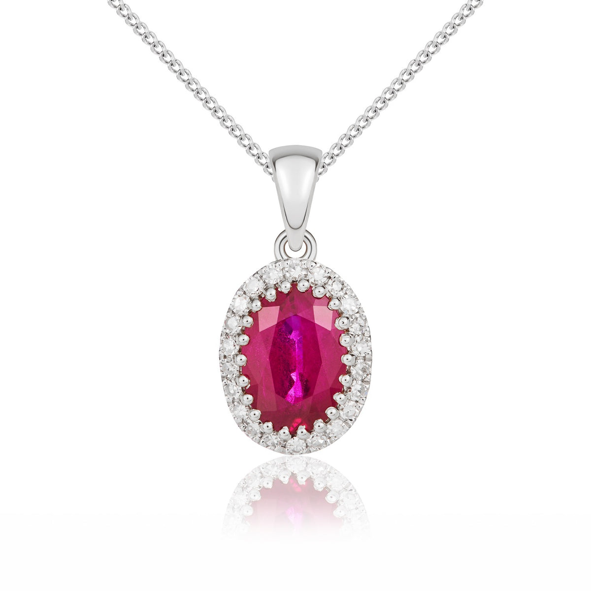 18ct White Gold 7x5mm Oval Ruby & Diamond Cluster Pendant