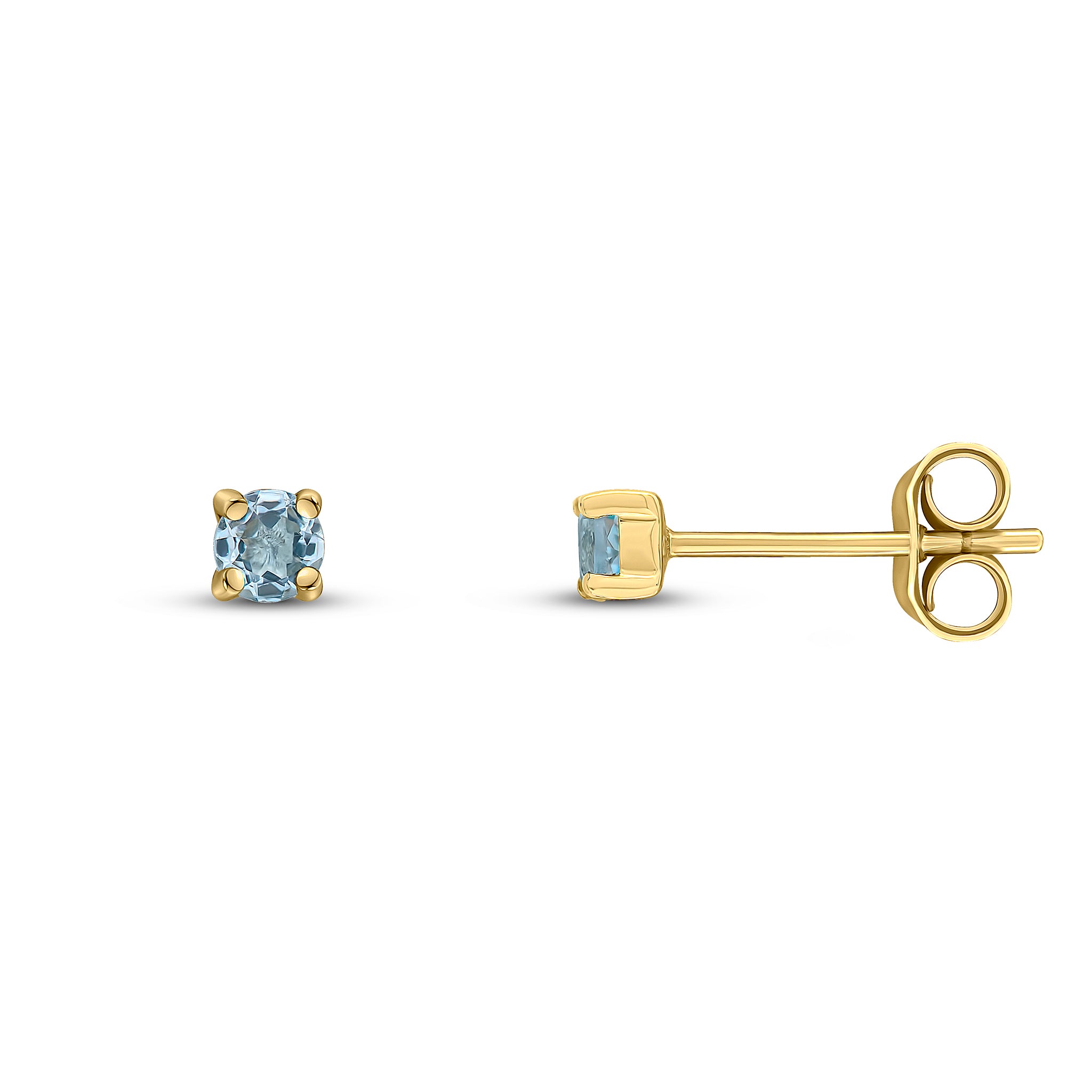 9ct Yellow Gold 3mm Round Aquamarine 4 Claw Stud Earrings