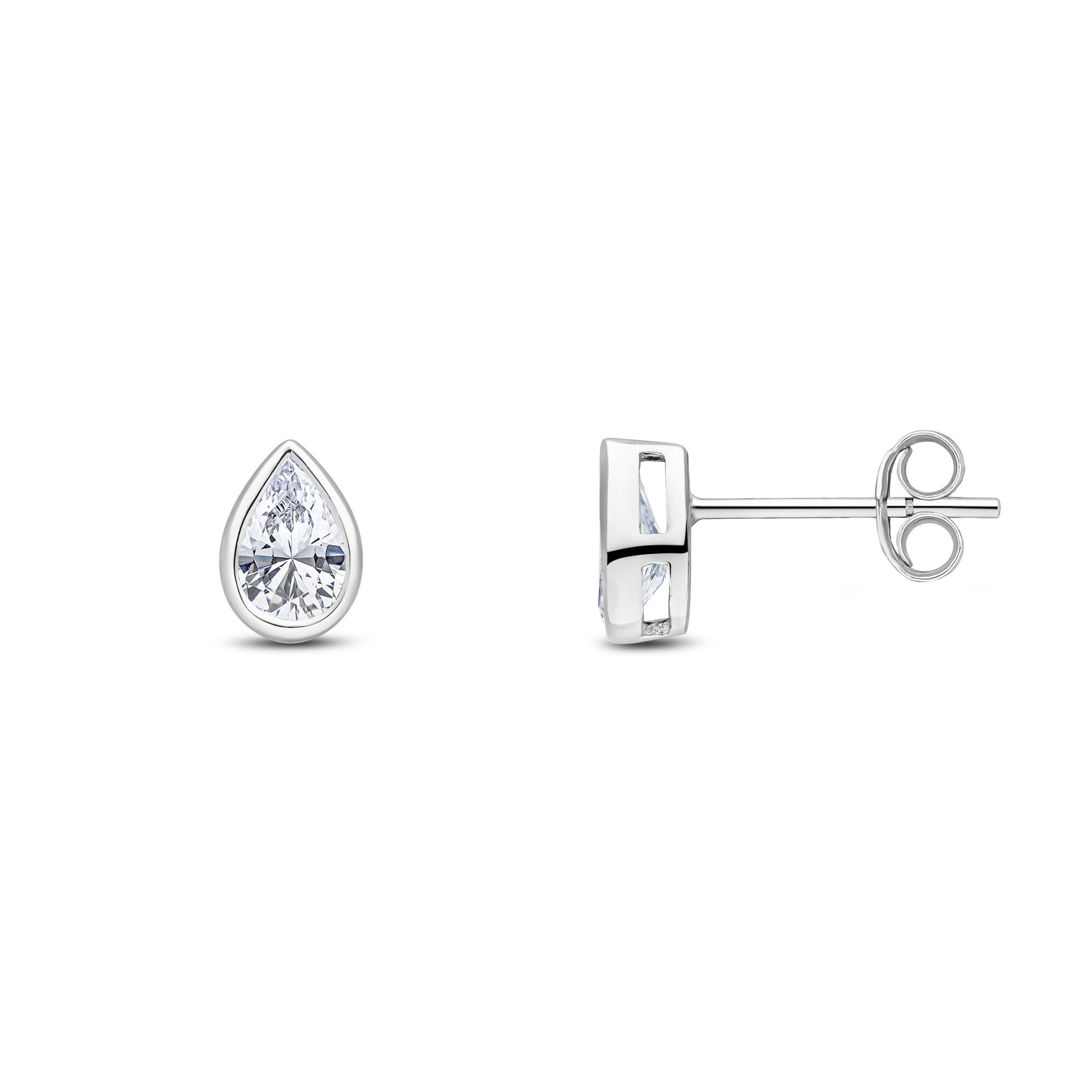 9ct White Gold 6x4 Pear Shape CZ Rubover Set Earrings