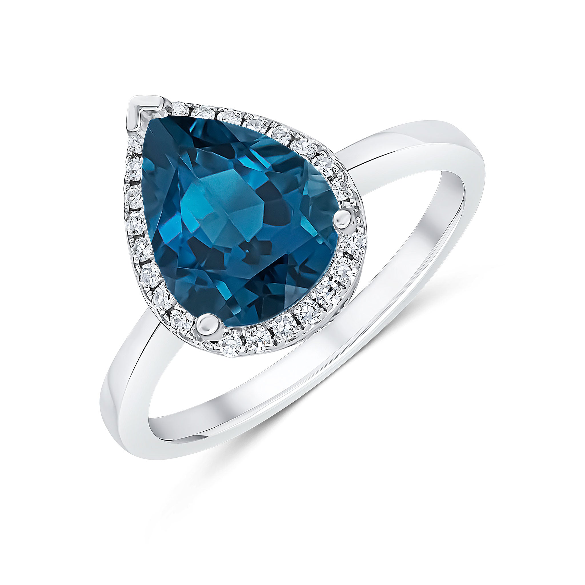 9CT WHITE GOLD 10X8 PEAR LONDON BLUE TOPAZ & DIAMOND CLUSTER RING 1