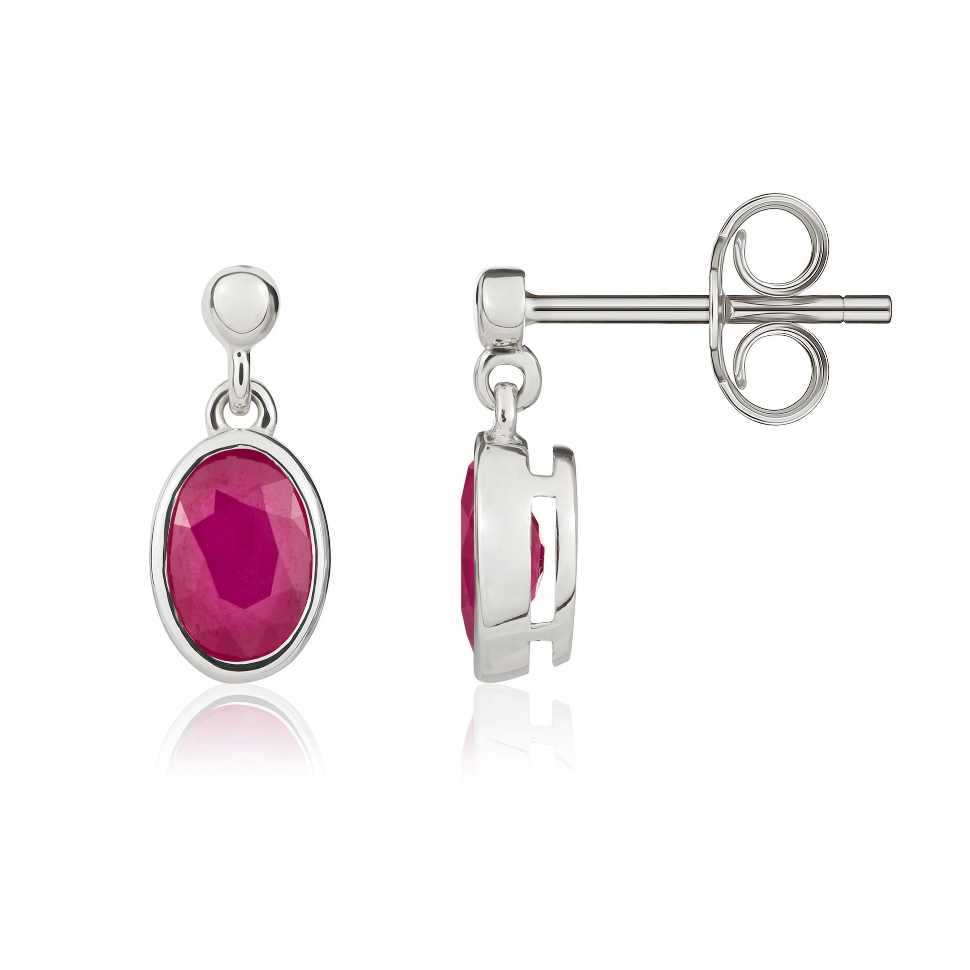 9ct white gold 6 x 4mm Oval Ruby Rubover Drop Earrings With 2.5mm Bead Top