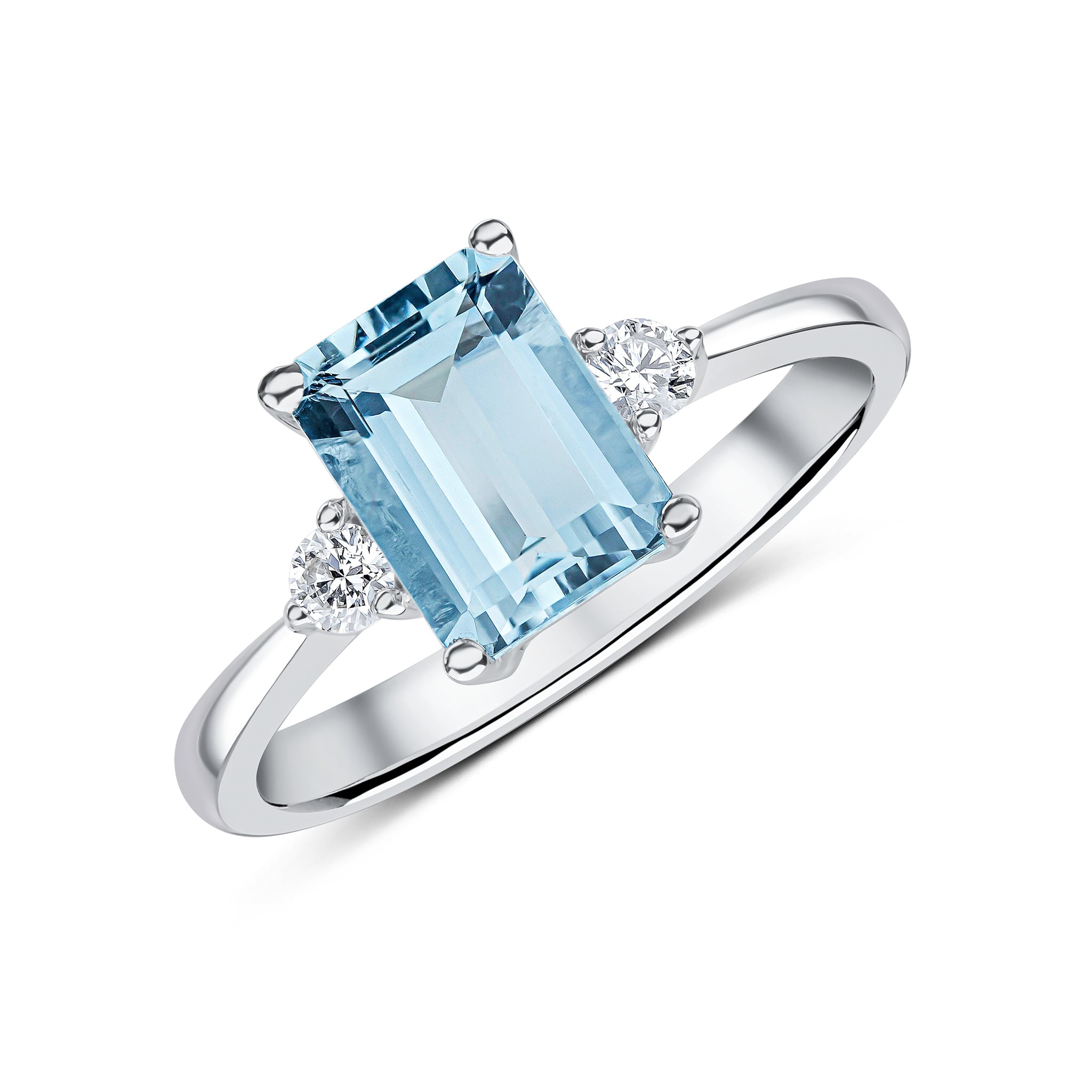 18ct White Gold 8x6mm Octagon Aquamarine & Round Diamond Claw Set 3 Stone Ring