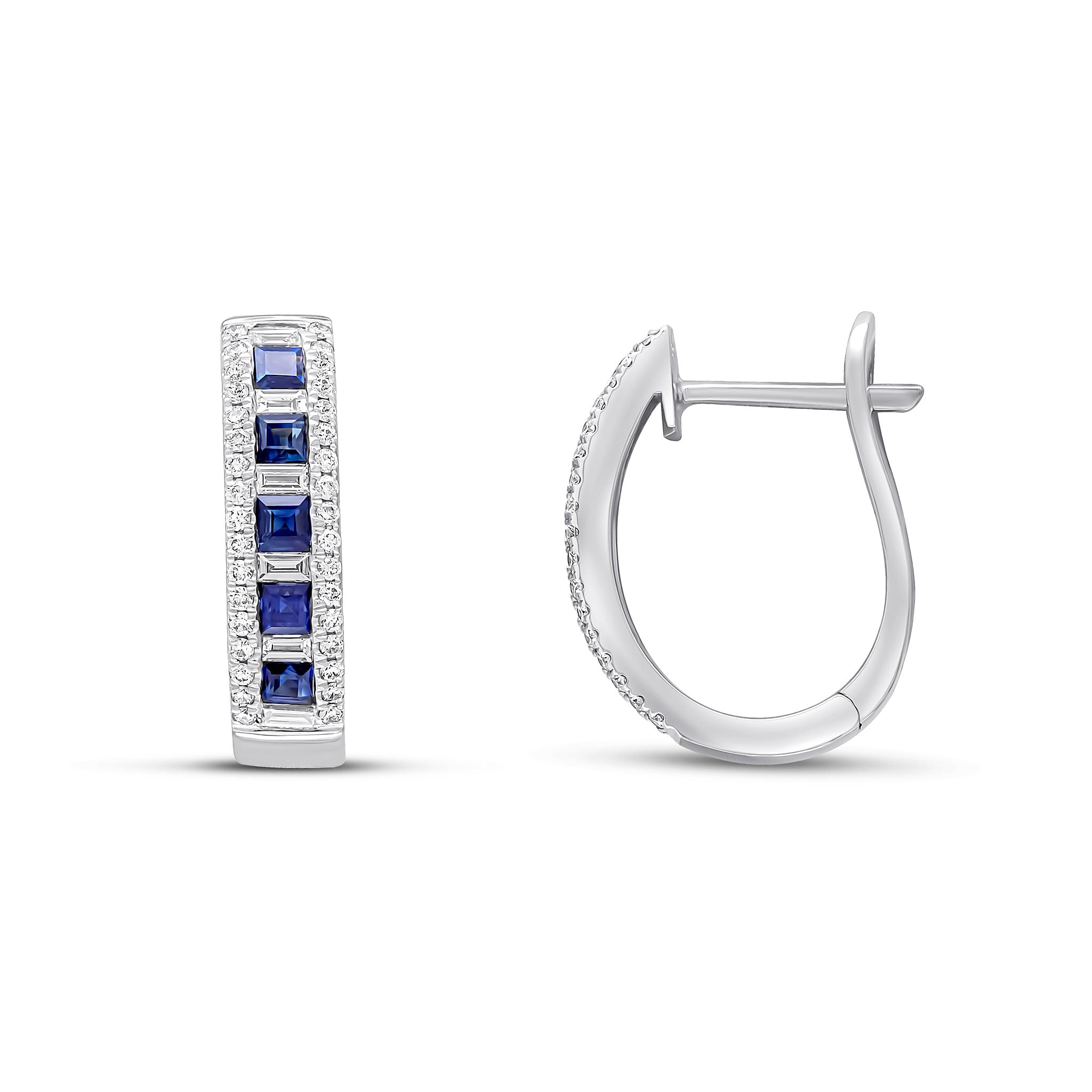 18wg Square Sapphire Baguette & Brill Diamond Oval Hoops