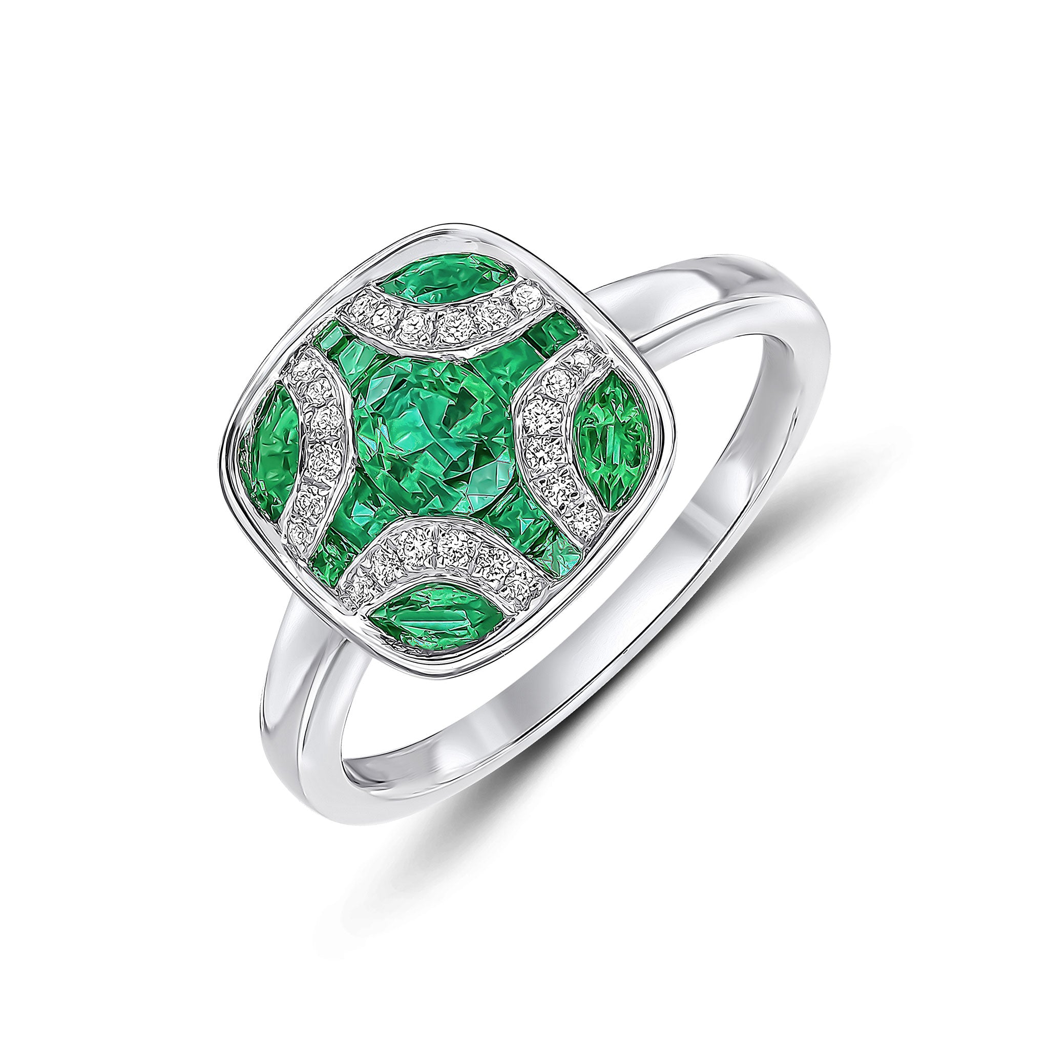 18ct White Gold Emerald & Diamond Shield Ring with Plain Shank