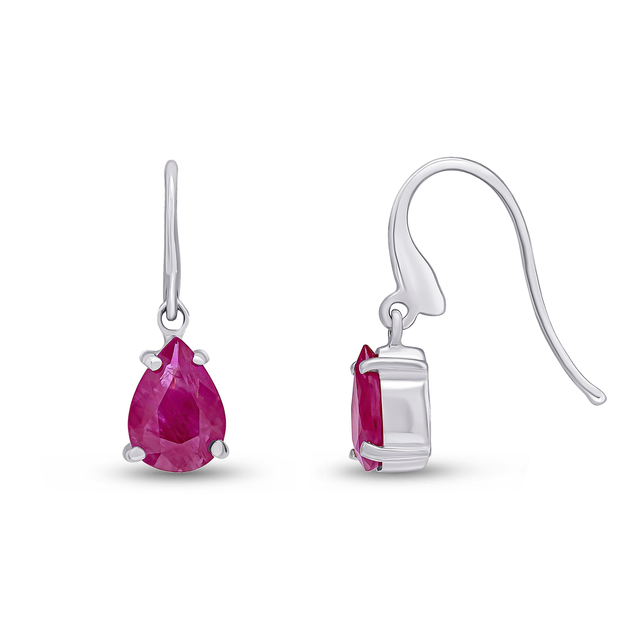 9ct White Gold 7x5mm Pear Shape Ruby Claw Set Wire Hook Drop Earrings