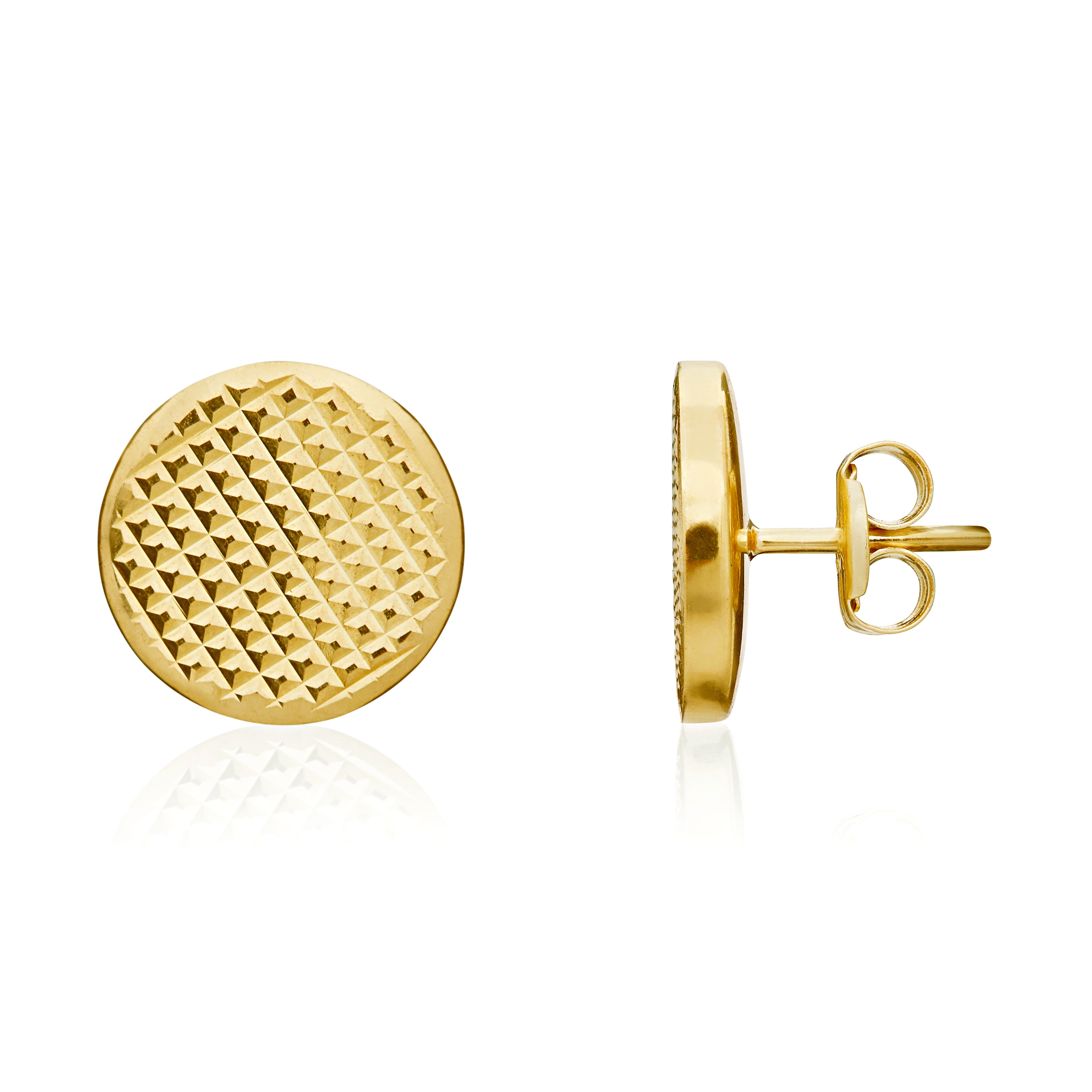 9ct Yellow Gold Engine Turned Flat Disc Stud Earrings