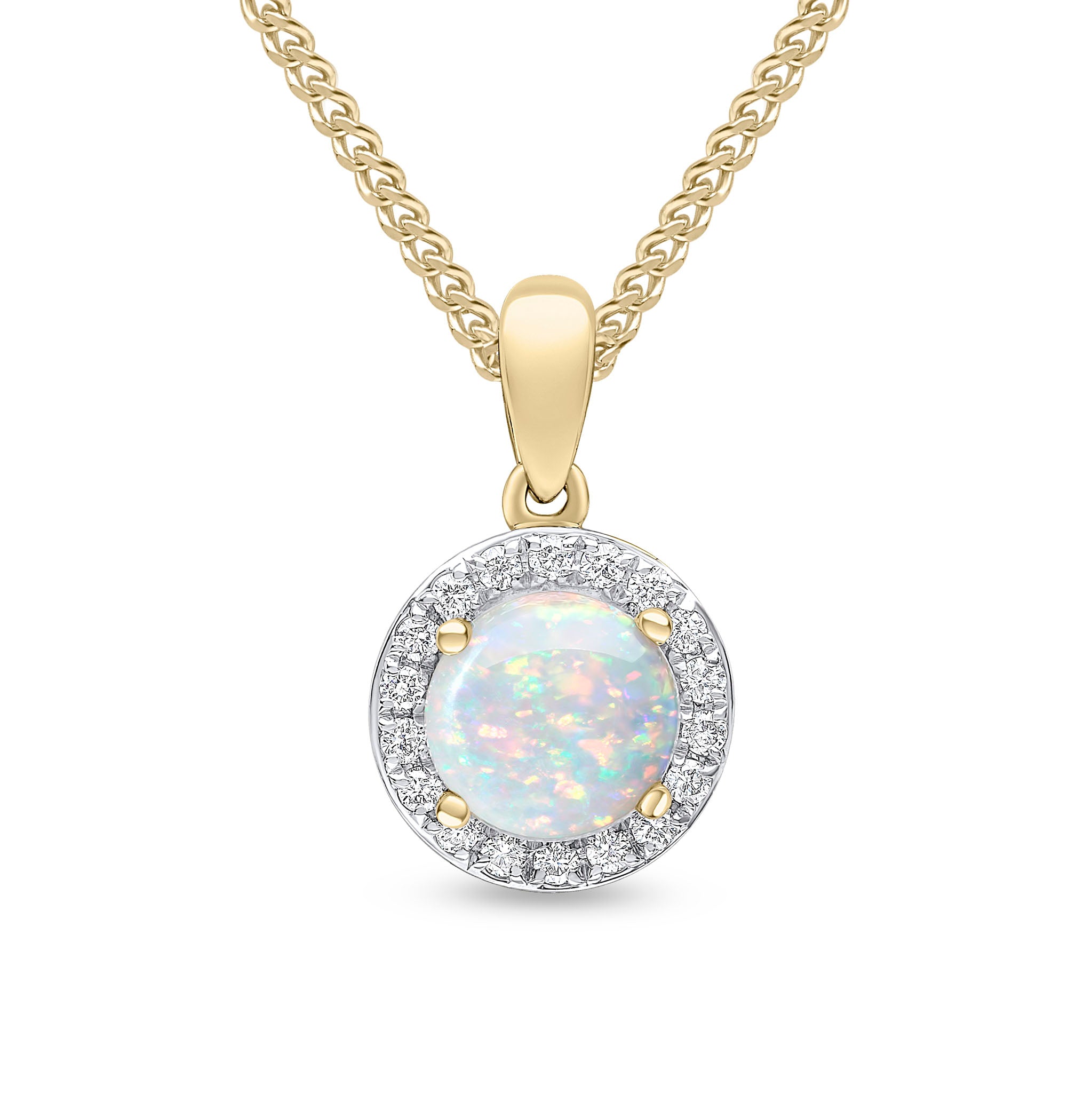 18ct Yellow Gold 6mm Round Opal & Diamond Claw Set Cluster Pendant Rhodium to Diamonds