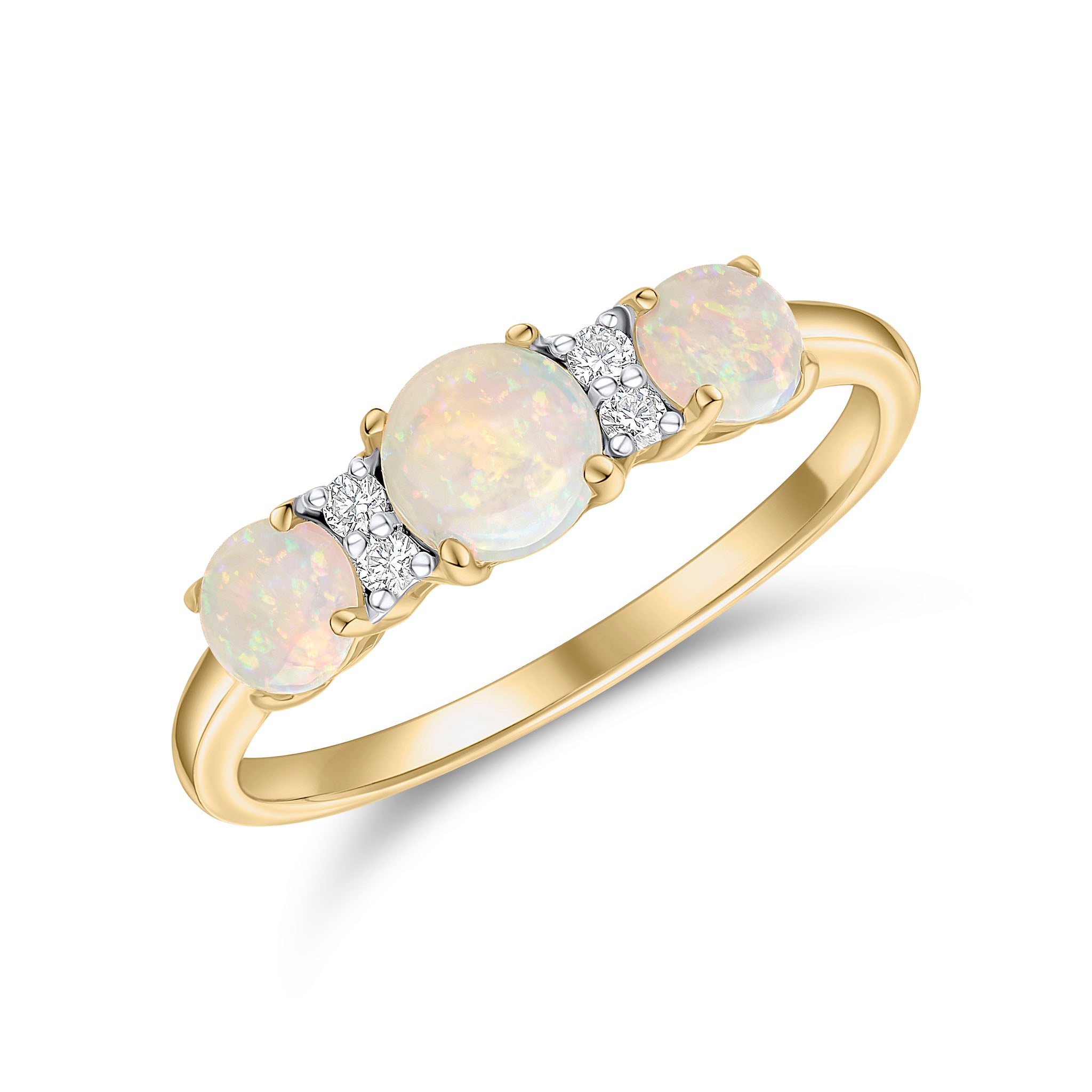18ct Yellow Gold Round Opal & Diamond 7 Stone Claw Set Ring Rhodium to Diamonds
