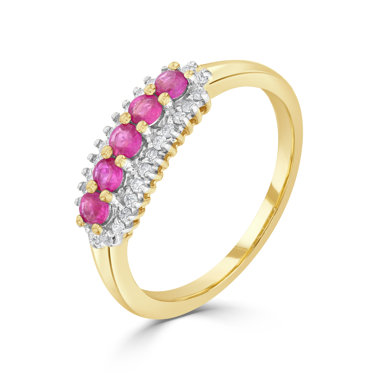 9ct Yellow Gold Round Ruby and Round Diamond 3 Row Claw Set Band Ring Rhodium to Diamonds