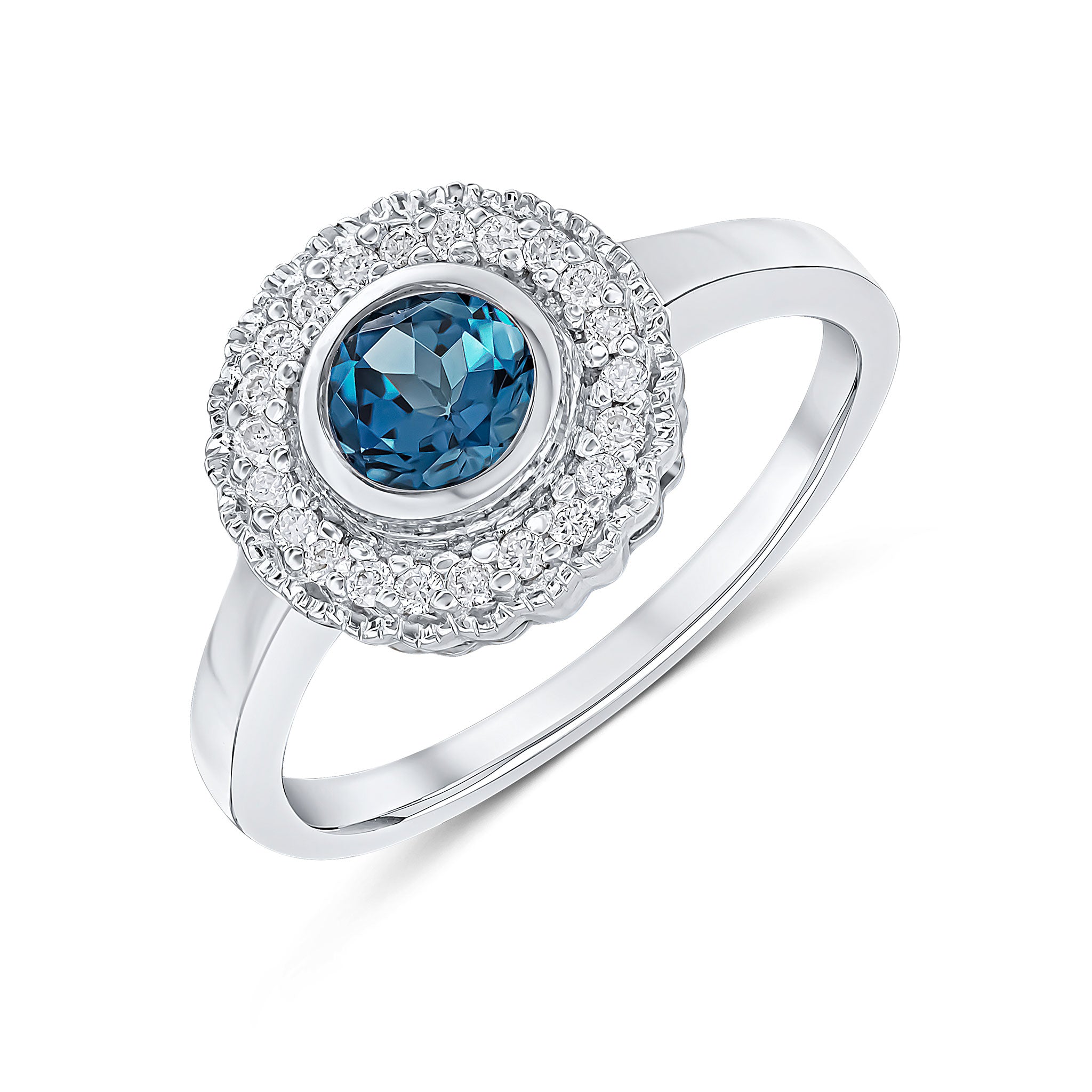 9ct White Gold Round Rubover London Blue Topaz and Milgrain Round Diamond Cluster Ring