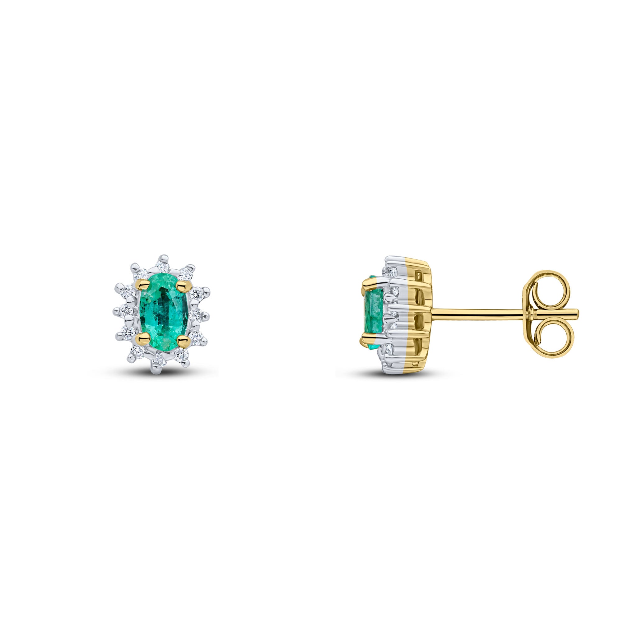 9ct Yellow Gold 5x3 Oval Emerald & Diamond Claw Set Cluster Earrings Rhodium to Diamonds