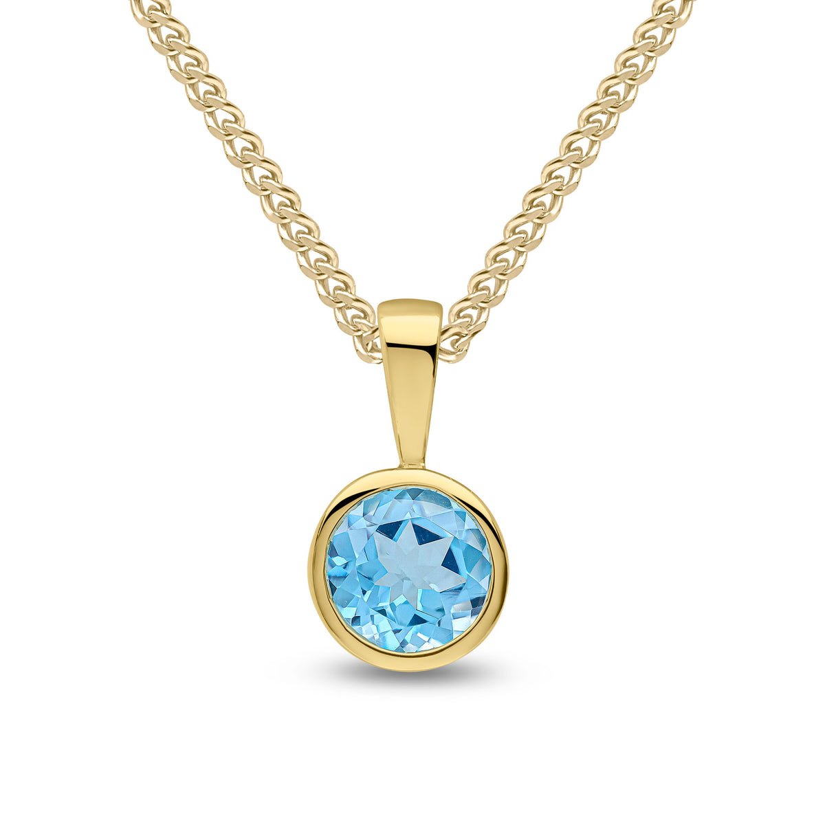 9ct Yellow Gold 6mm Round Swiss Blue Topaz Rubover Pendant