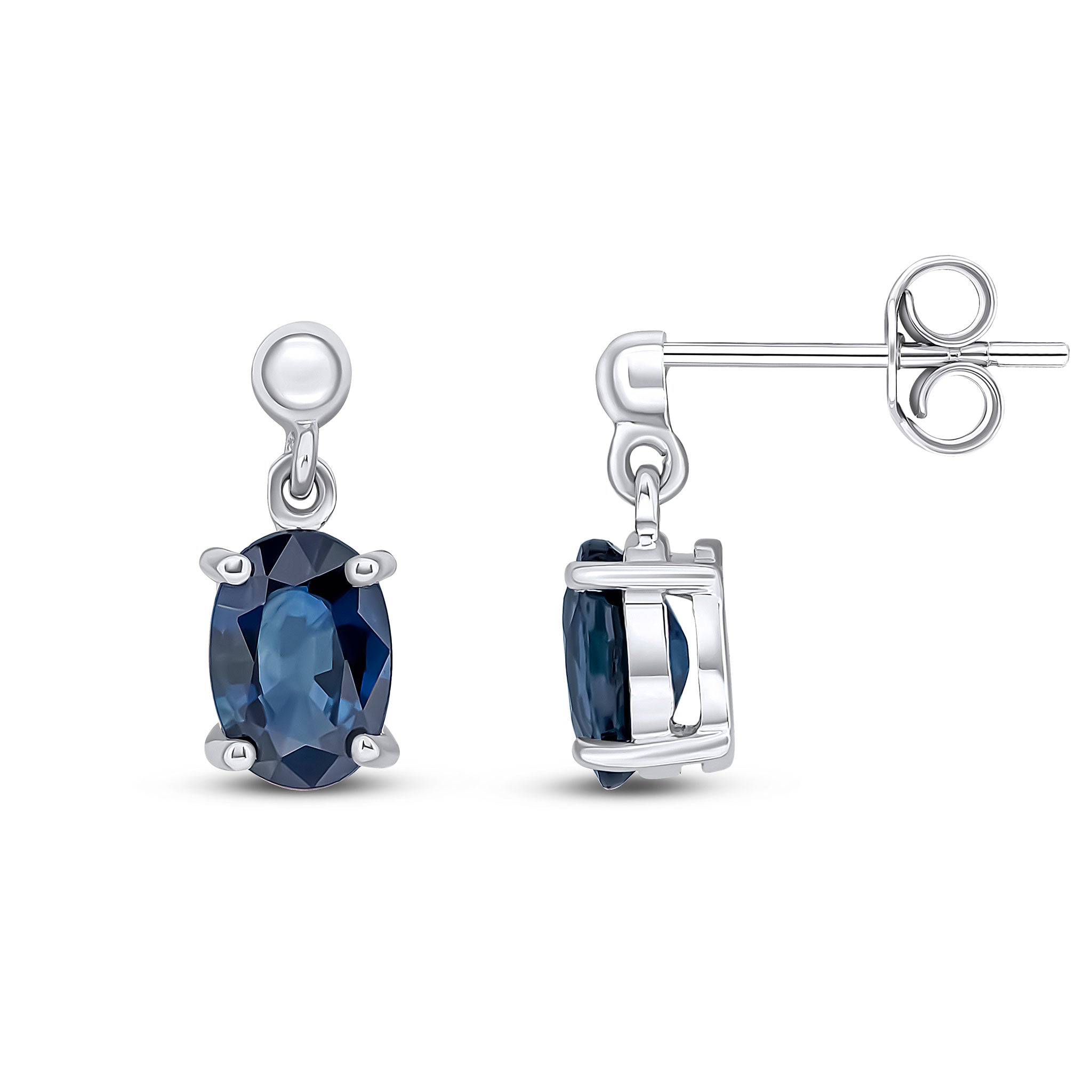 9ct White Gold 7x5 Oval Sapphire Claw Set Drop Earrings with Bead Top