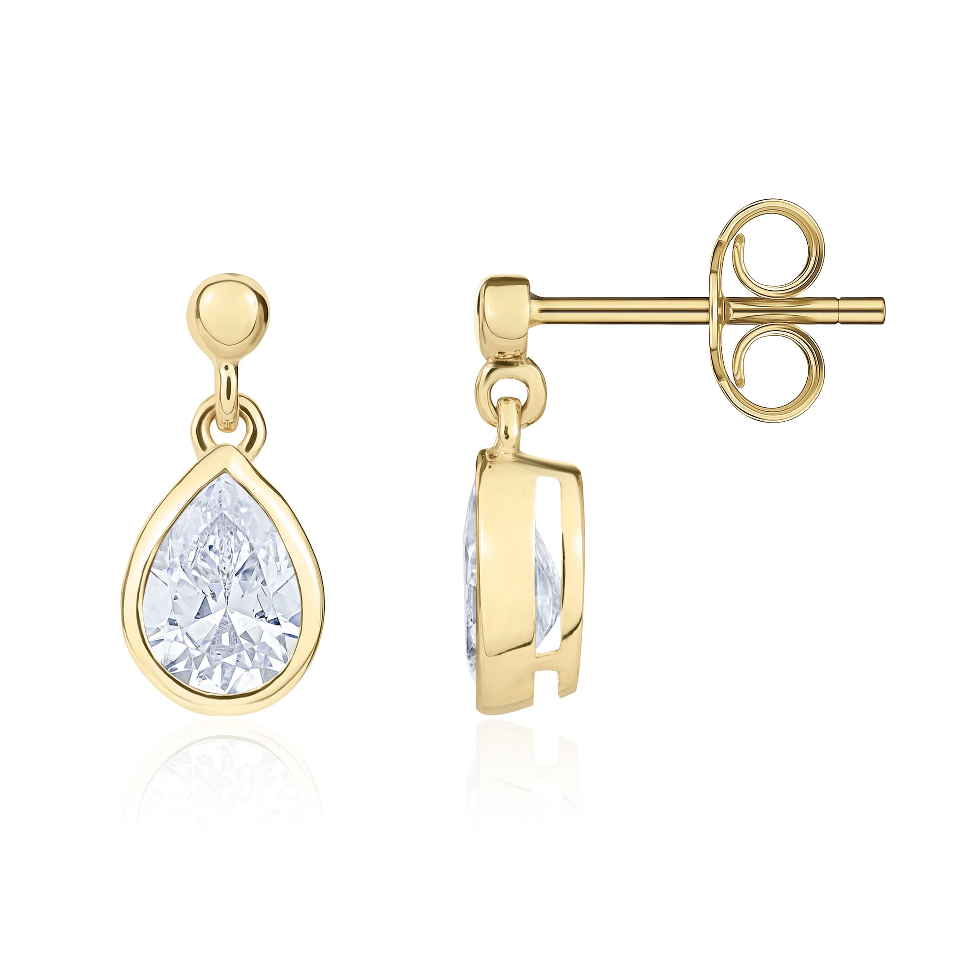 9ct Yellow Gold 7x5 Pear Shape CZ Rubover Drop Earrings with Bead Stud Top