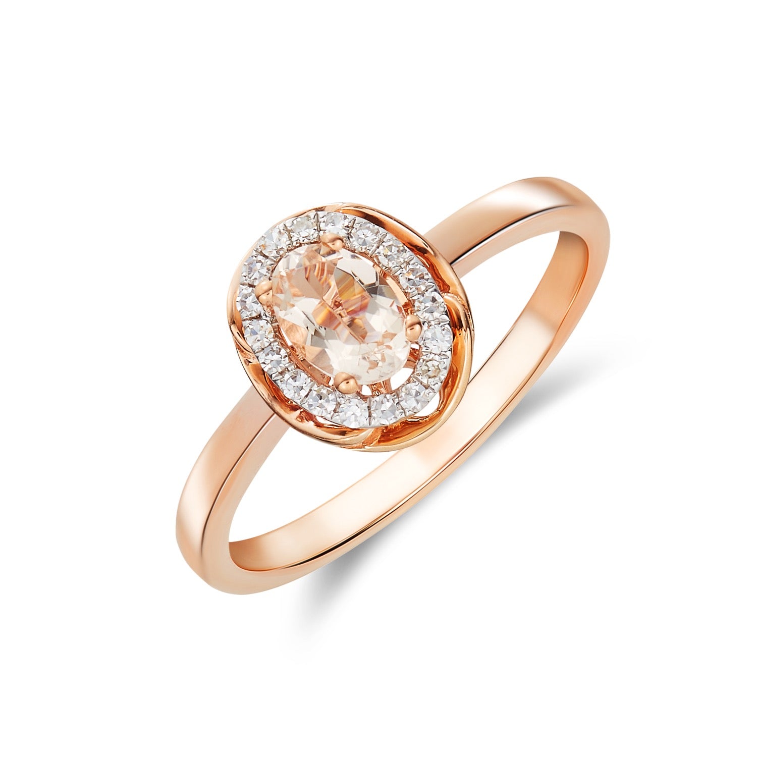 9ct Rose Gold 6x4 Oval Morganite & Diamond Cluster Ring with Rope Edge Rhodium to Diamonds