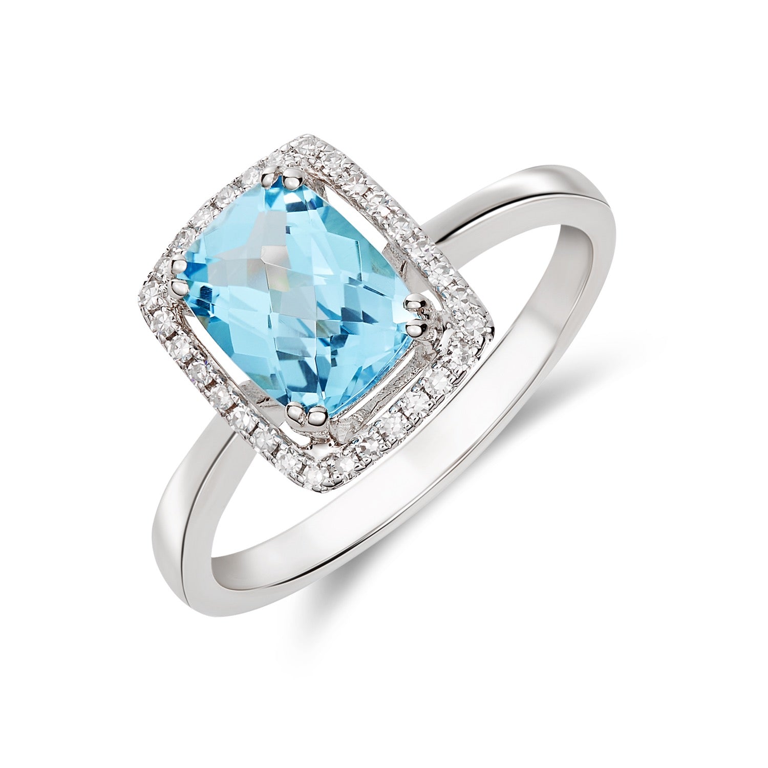 9CT WG 8X6 CUSHION CHECKERBOARD CUT SWISS BLUE TOPAZ & DIAMOND HALO CLUSTER RING 1