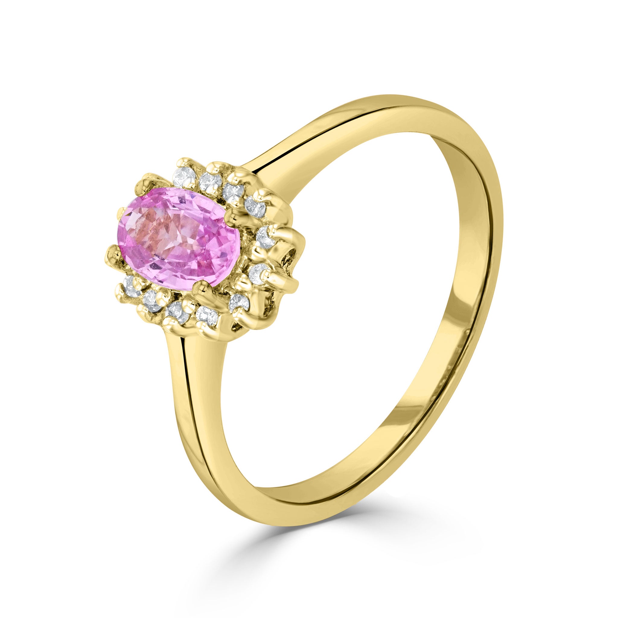 9ct Yellow Gold 6x4 Oval Pink Sapphire & Diamond Claw Set Cluster Ring Rhodium to Diamonds Stones Not Currently Available So Cannot Order