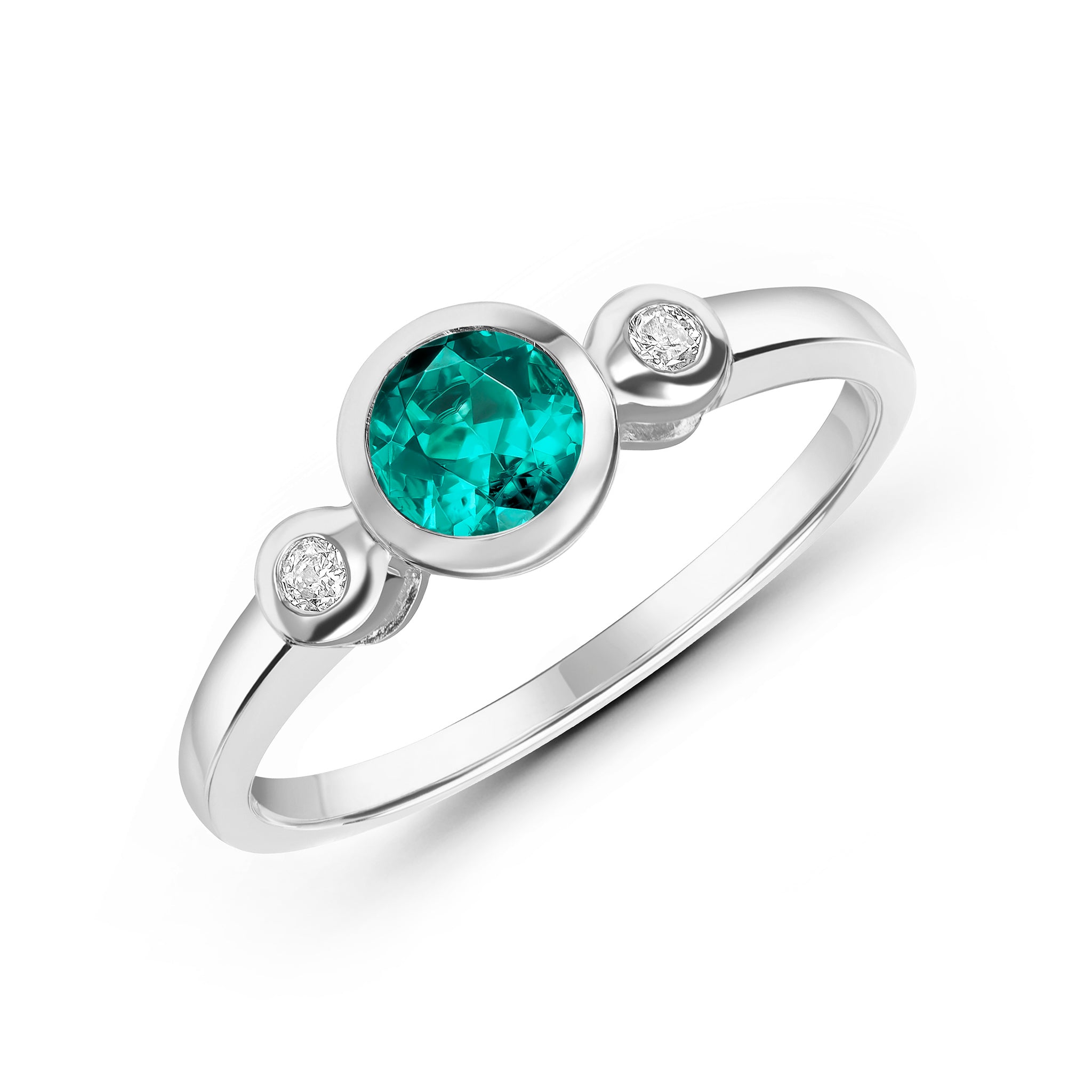 9ct White Gold 5mm Round Green Tourmaline and Diamond Rubover 3 Stone Ring