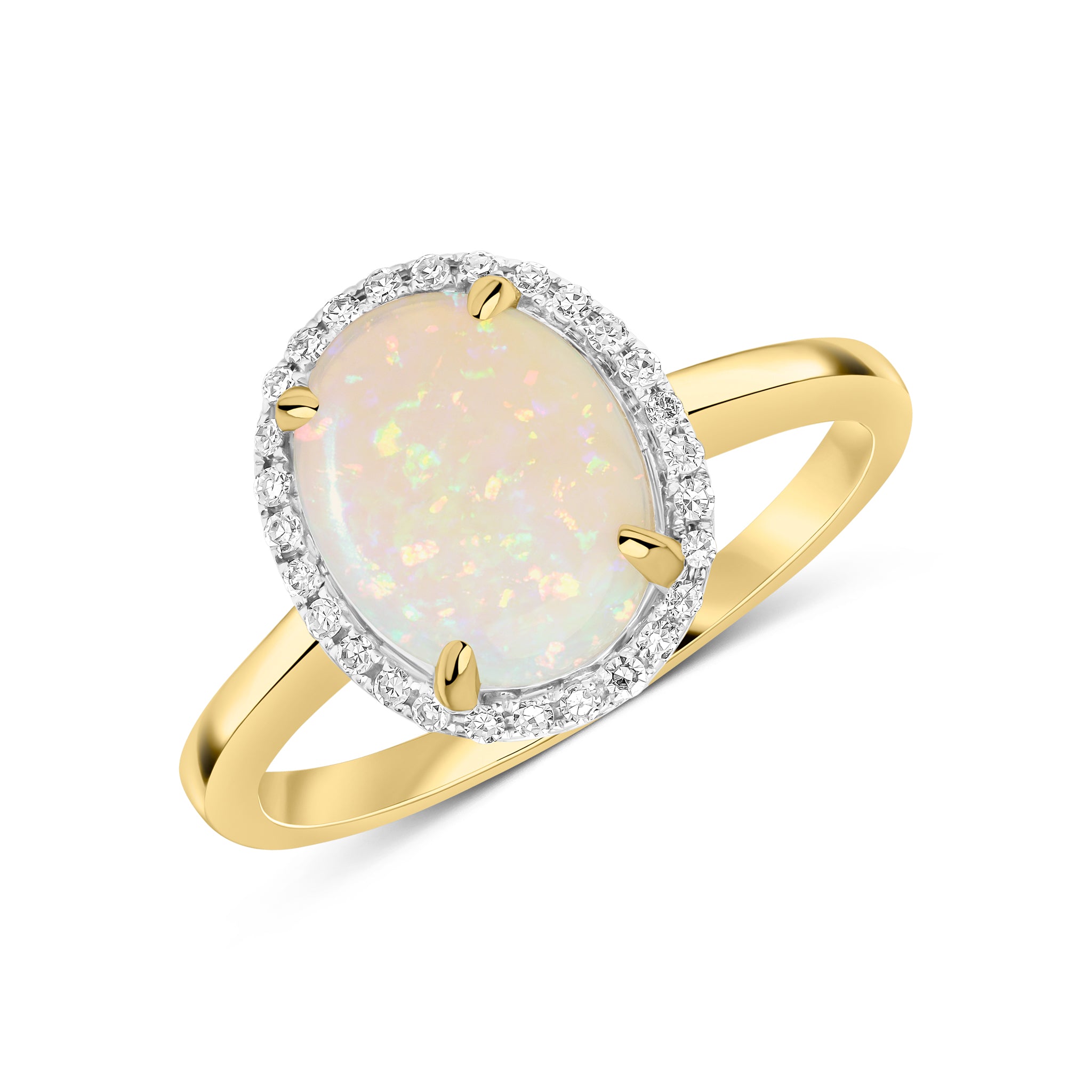 9ct Yellow Gold 10x8 Oval Opal & Diamond Claw Set Cluster Ring Rhodium to Diamonds