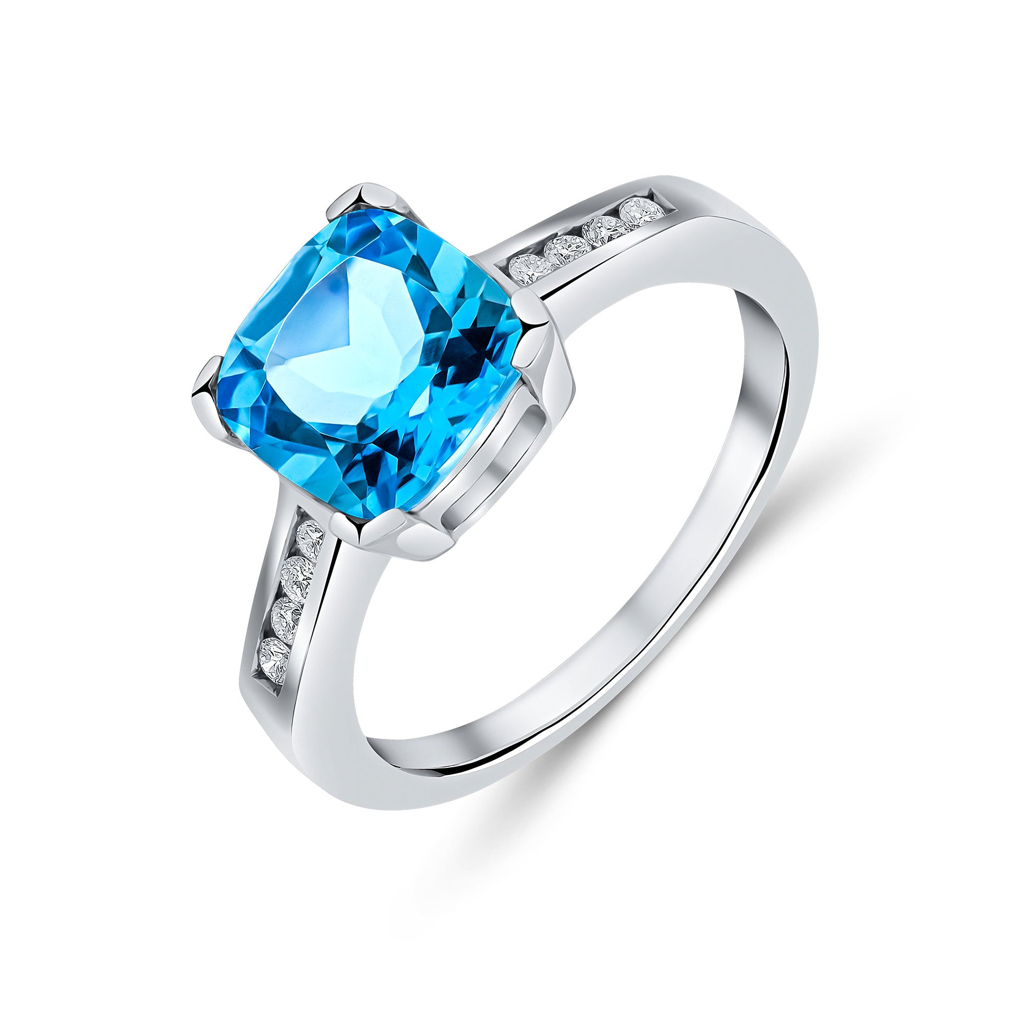 9ct White Gold Claw Set Cushion Swiss Blue Topaz Single Stone Ring with Channel Set Diamond Shoulders