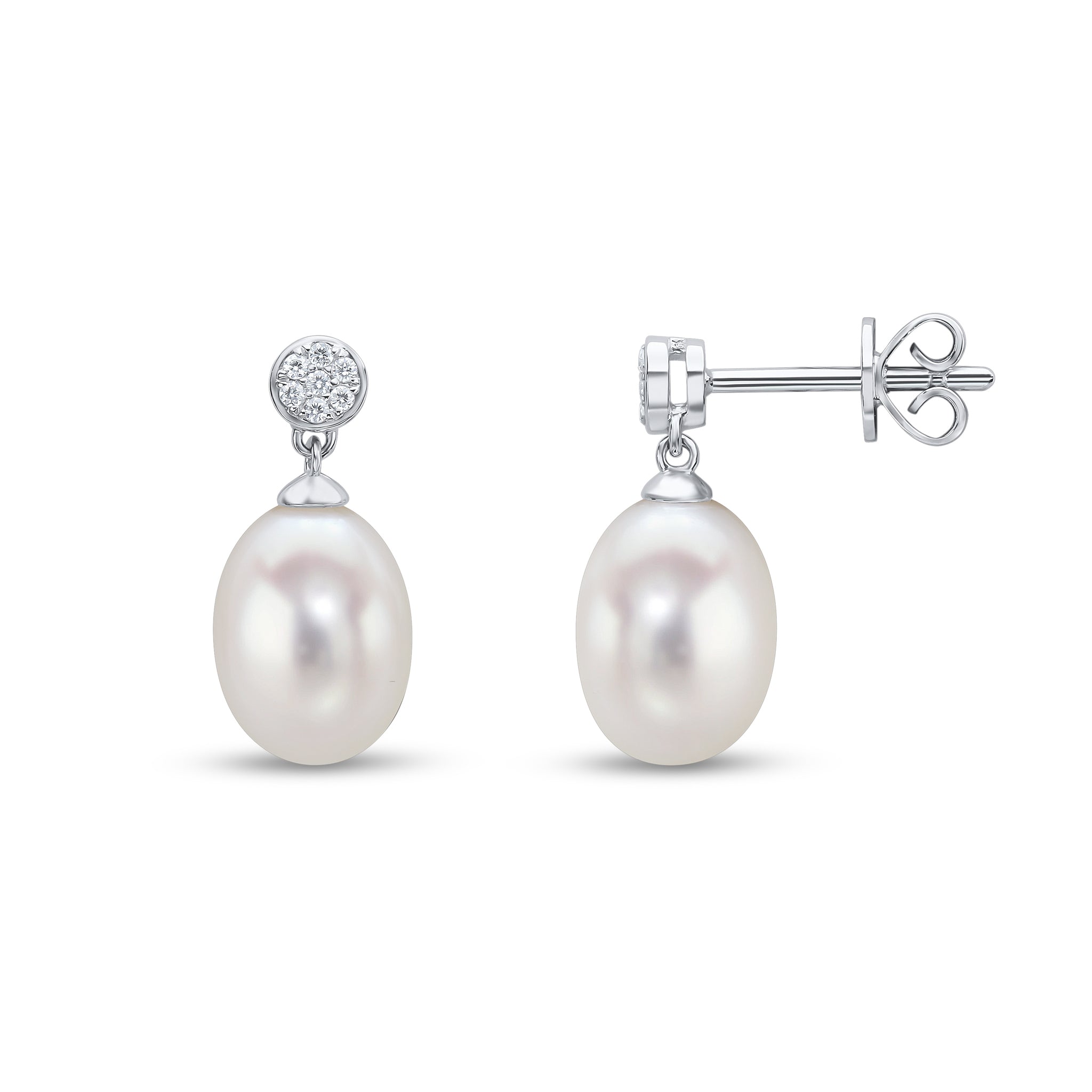 18ct White Gold Cfw Pearl & Grain Set Diamond Disc Top Drop Earrings