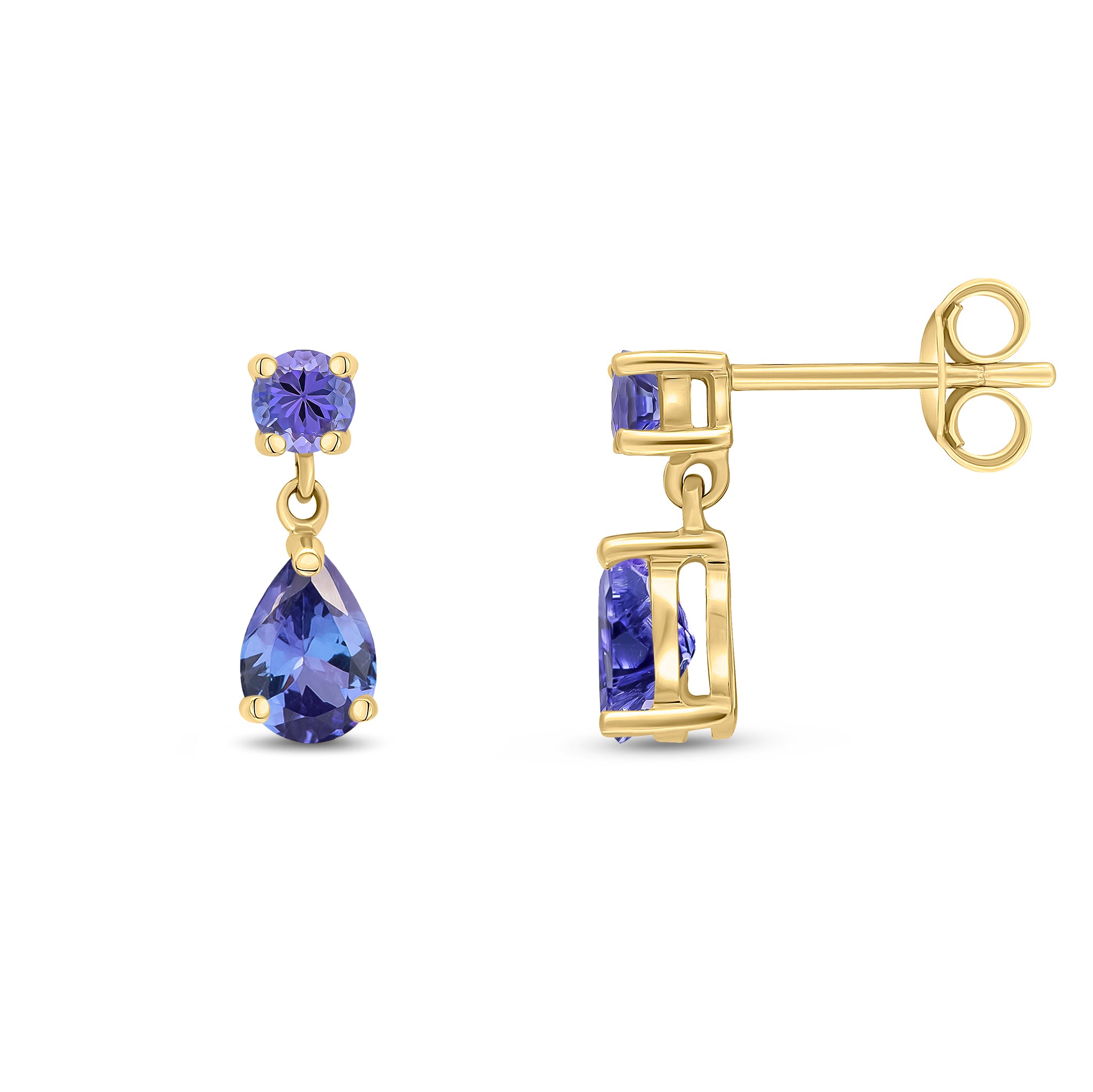 9ct Yellow Gold Round and Pear Shape Tanzanite 2 Stone Claw Set Drop Earrings