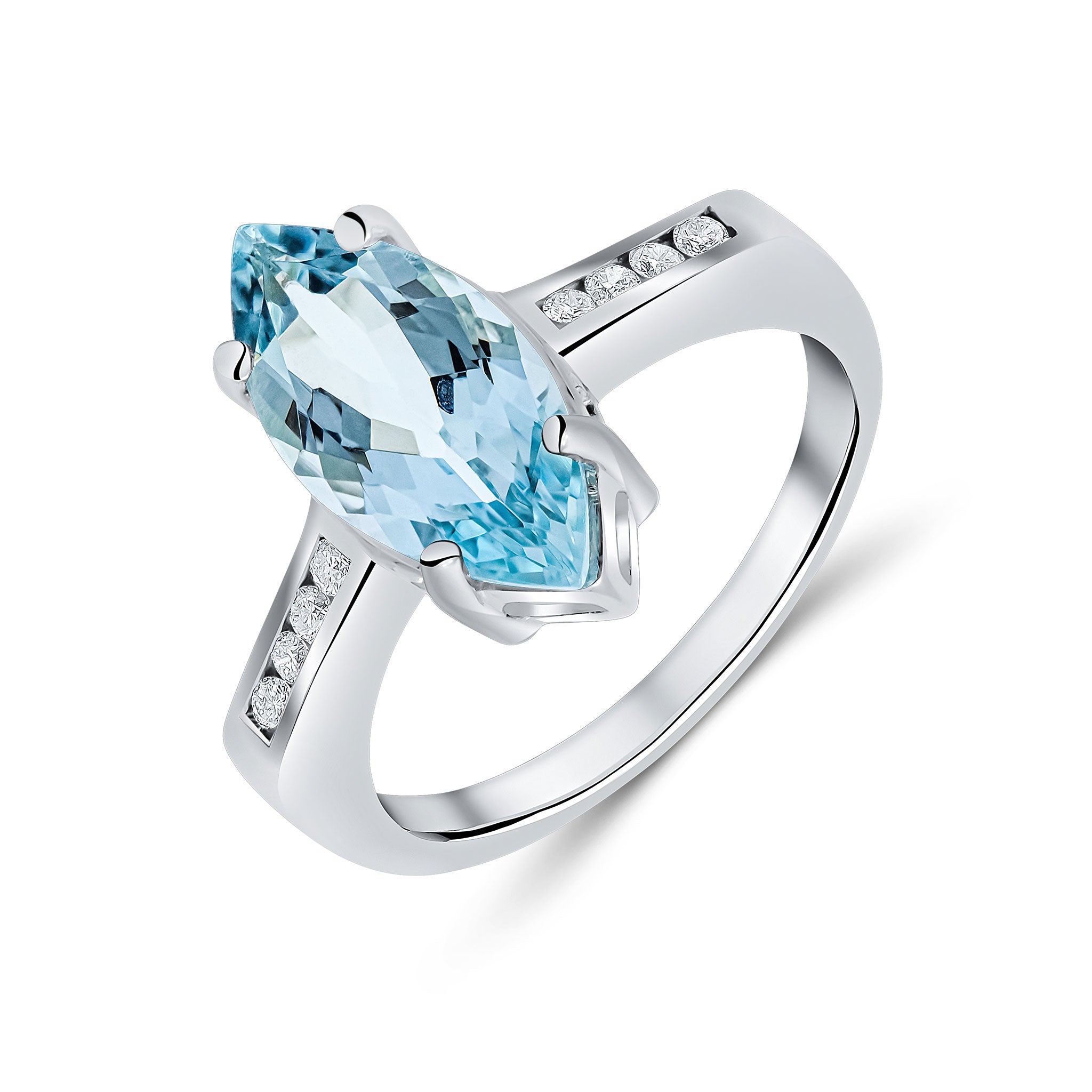 9CT WG 15X7 MARQUISE AQUA SINGLE STONE RING WITH CHANNEL SET DIAMOND SHOULDERS 1