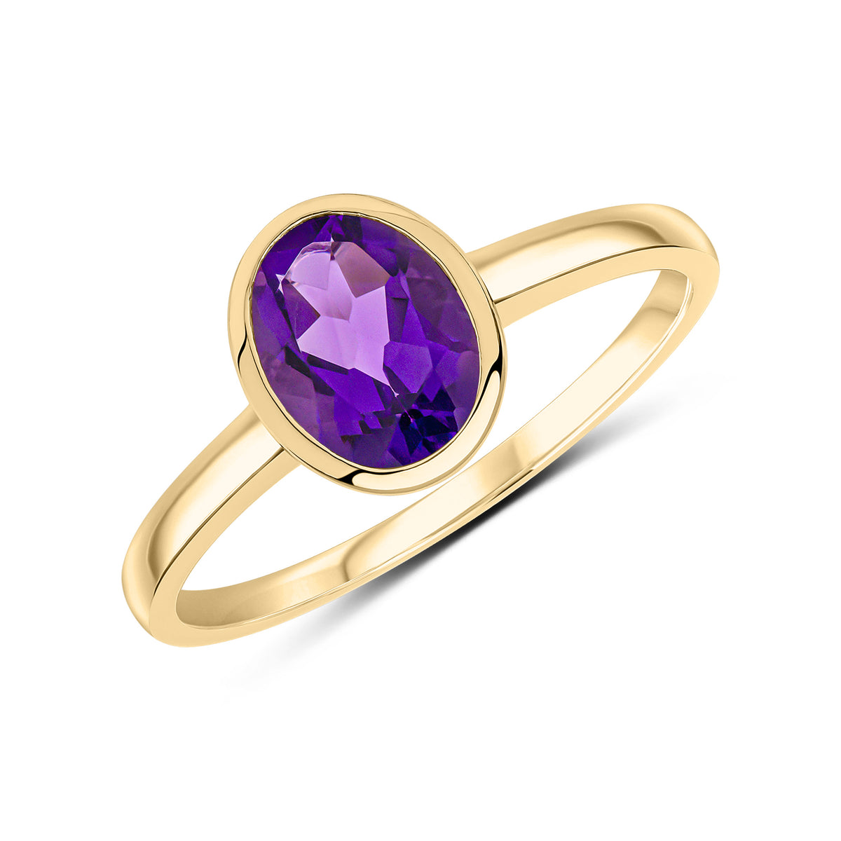 9ct Yellow Gold 8x6 Oval Amethyst Single Stone Rubover Ring