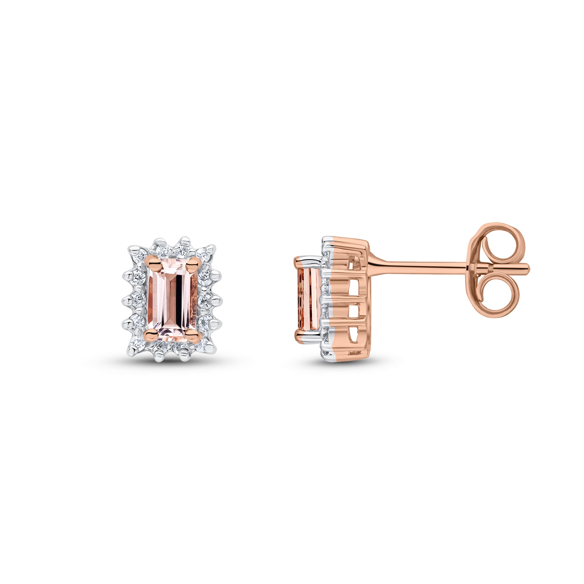 9ct rose gold.Oct.morganite& diamond Clus earrings