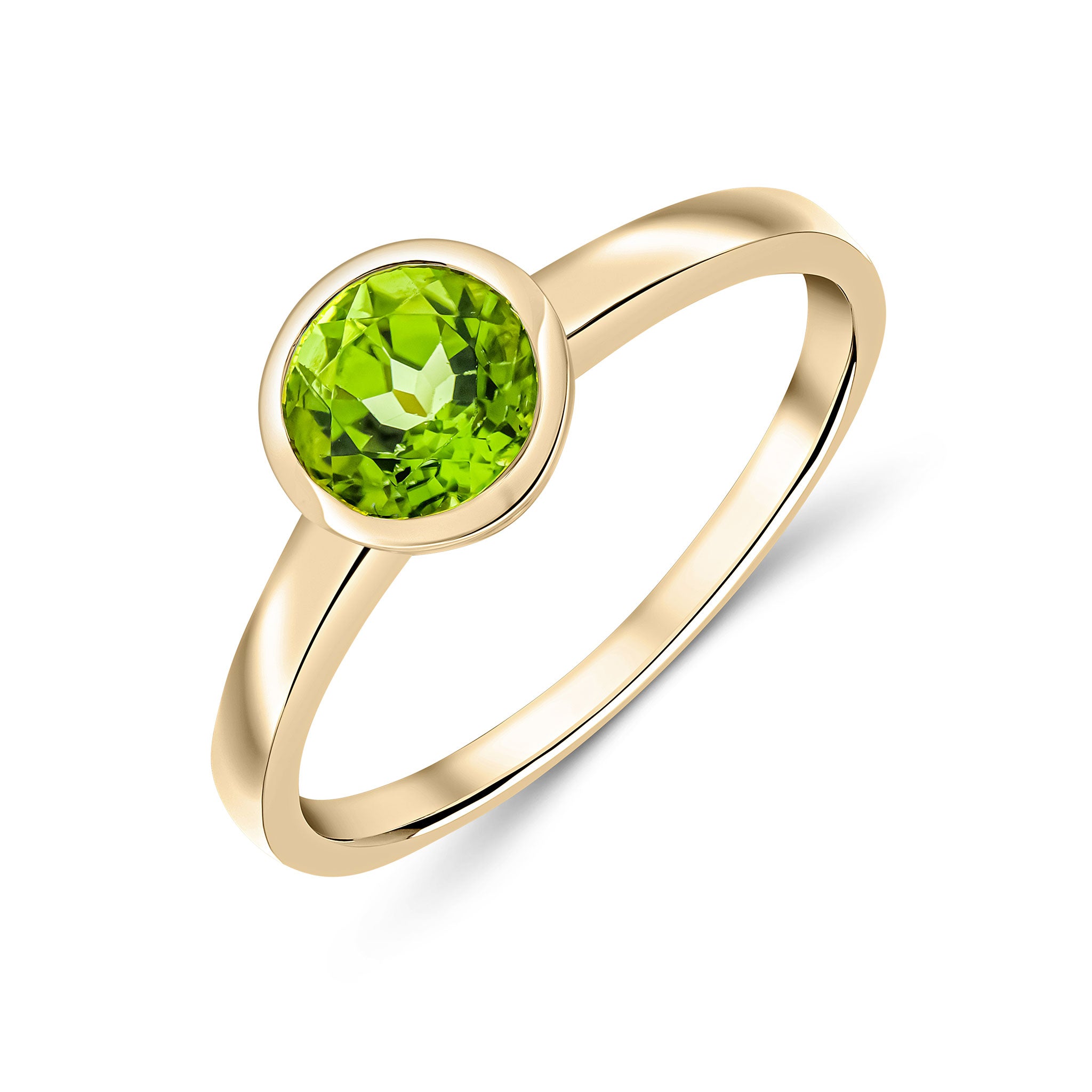 9ct Yellow Gold 6mm Round Peridot Rubover Single Stone Ring
