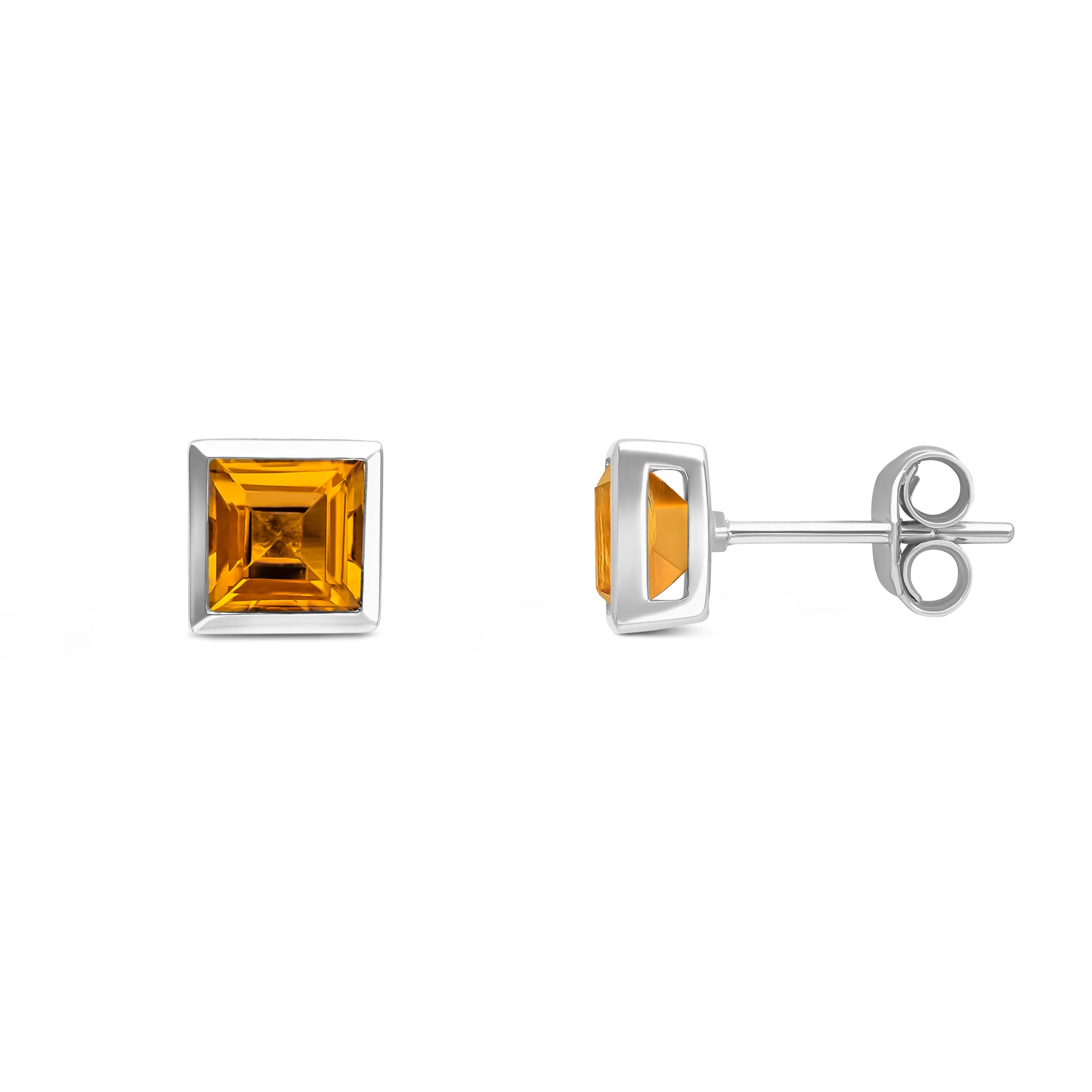 9ct White Gold 5mm Square Citrine Rubover Set Earrings