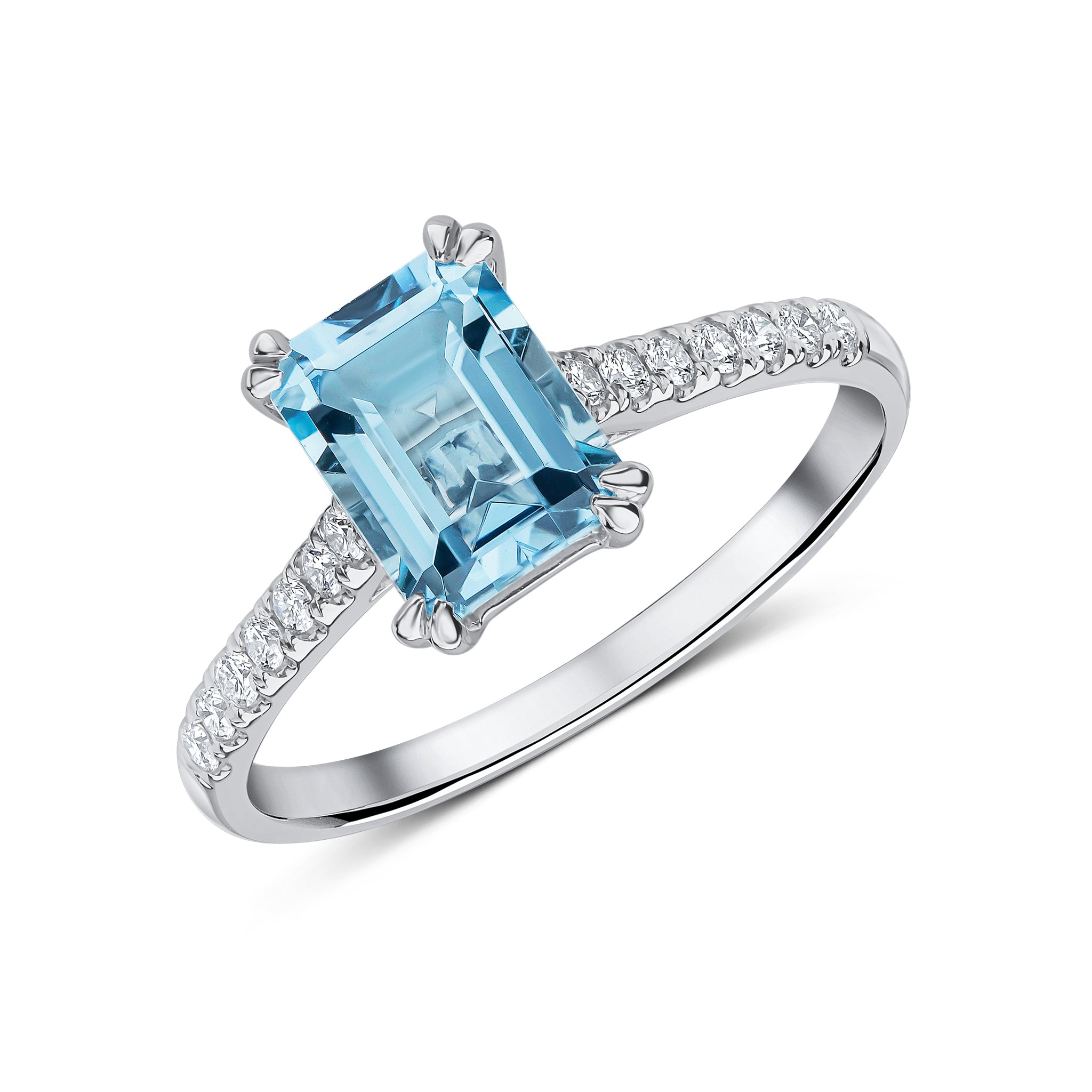 18ct White Gold 8x6mm Octagon Aquamarine Single Stone Ring with Diamond Set Shoulders