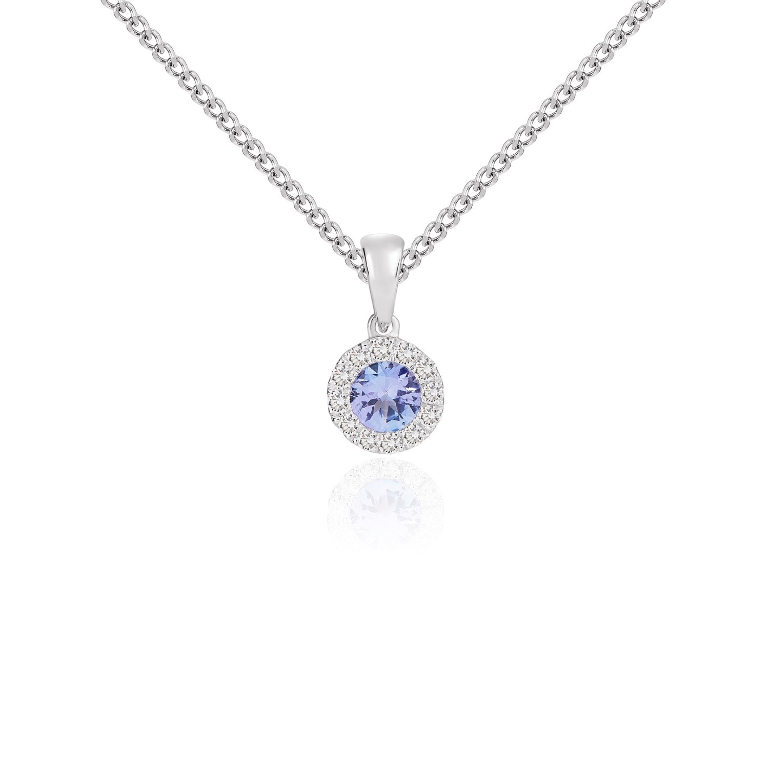 18ct White Gold 4mm Round Tanzanite & Diamond Microset Cluster Pendant