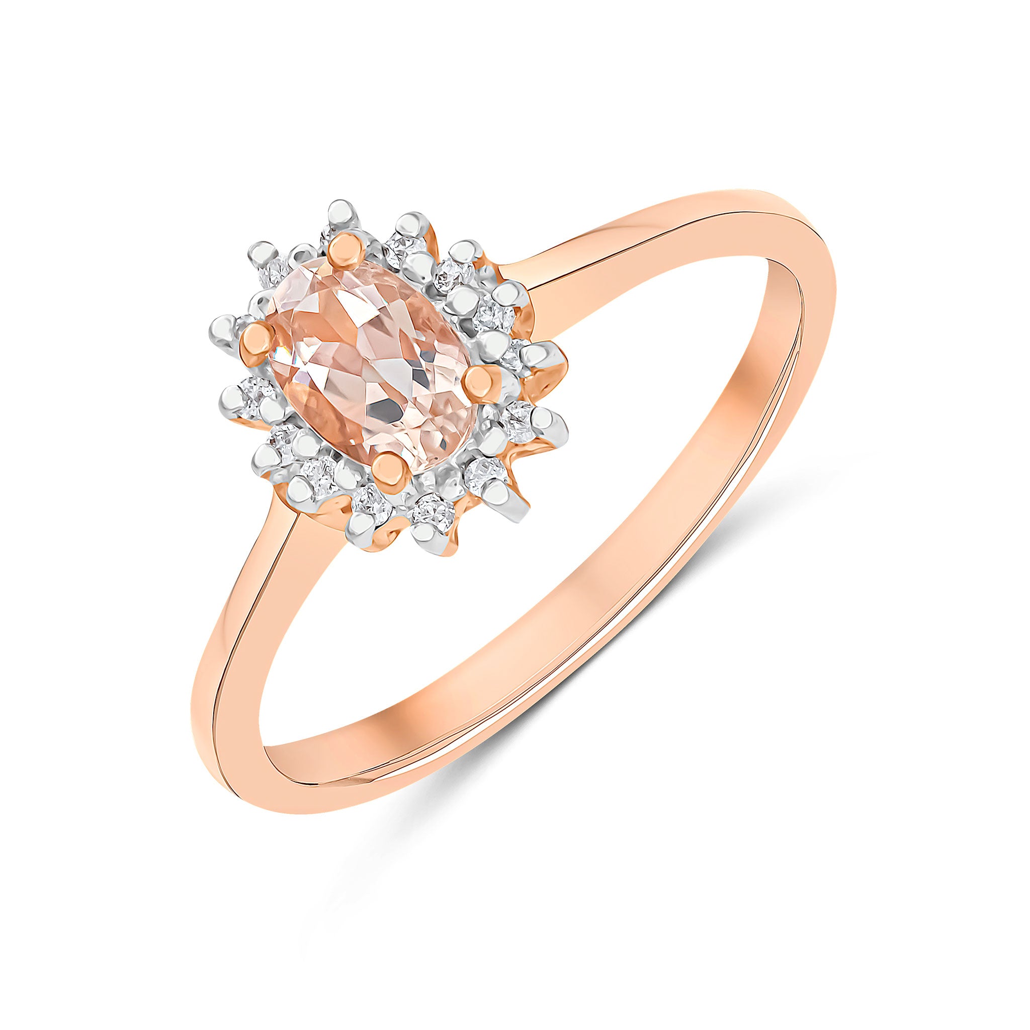 9ct Rose Gold 6x4 Oval Morganite & Diamond Claw Set Cluster Ring Rhodium to Diamonds
