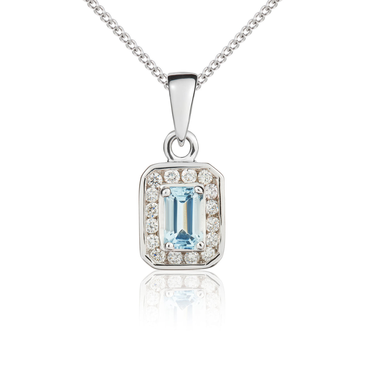 9ct White Gold Octagon 5x3 Aquamarine & Diamond Cluster Claw Pendant