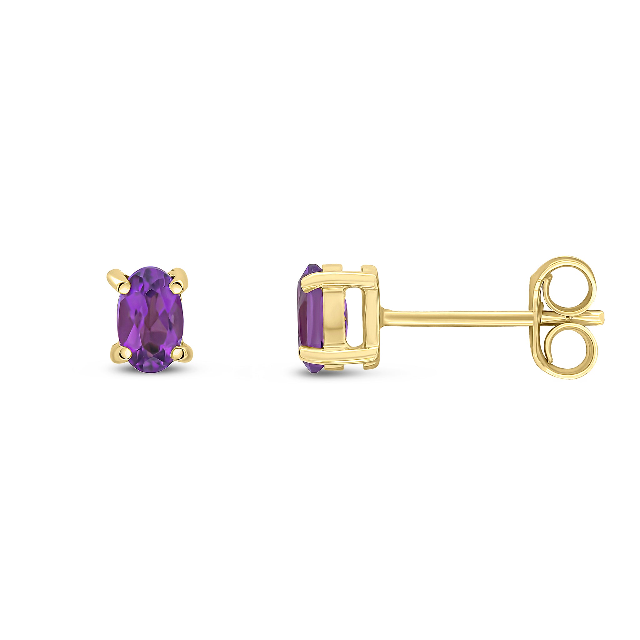 9ct Yellow Gold 5x3 Oval Amethyst Claw Set Stud Earrings