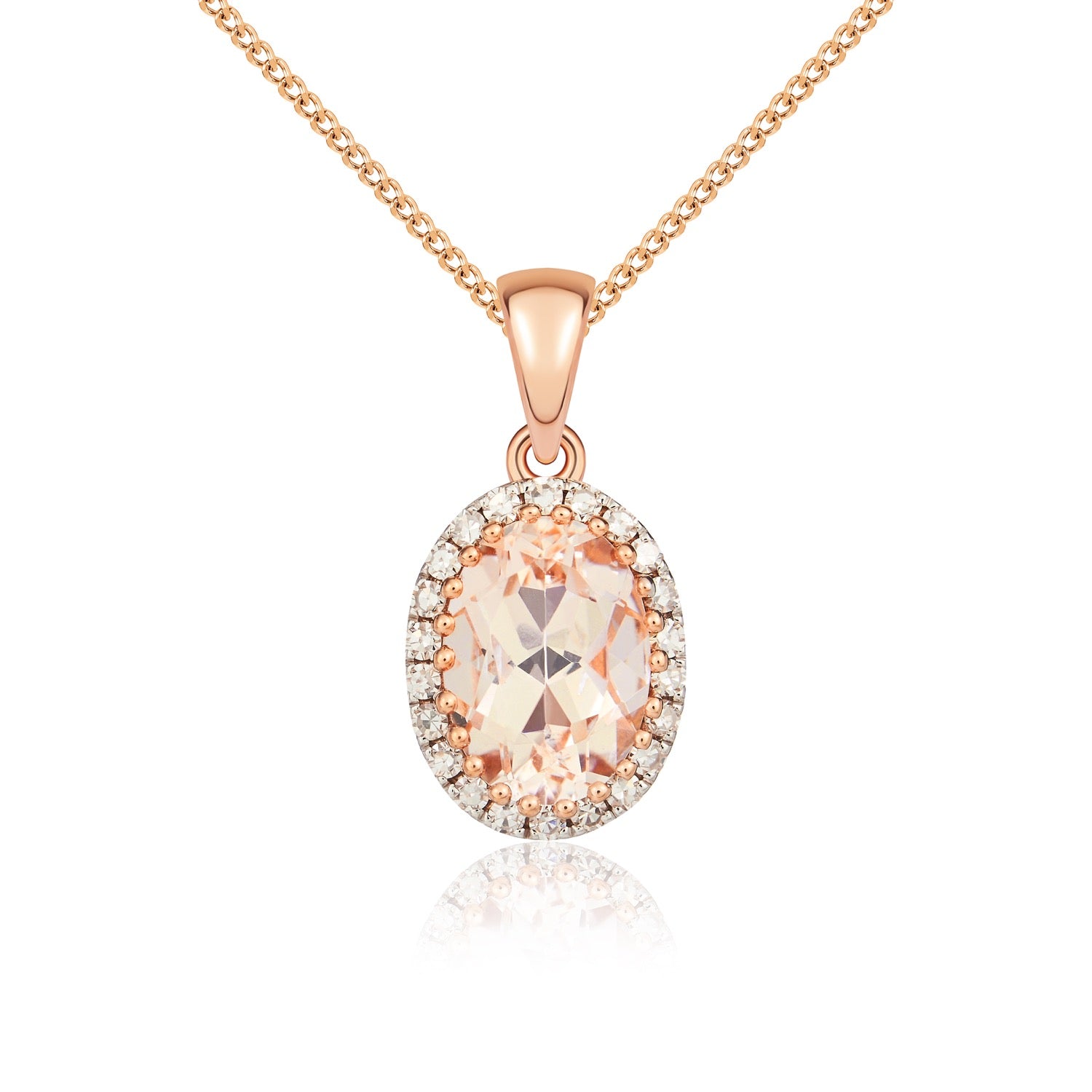 9ct Rose Gold oval morganite And Round diamond Claw cluster pendant