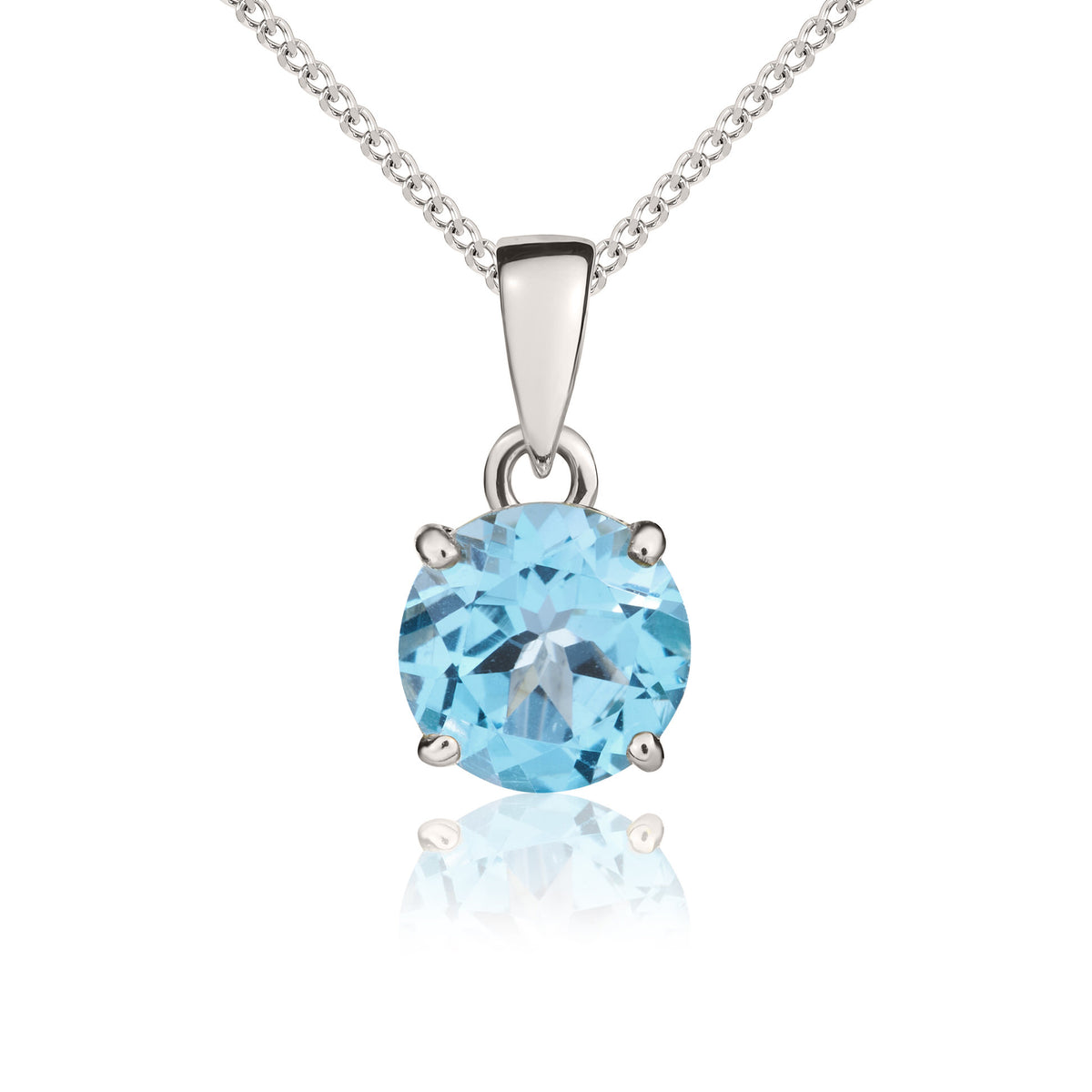 9ct White Gold 7mm Round Swiss Blue Topaz Claw Set Pendant