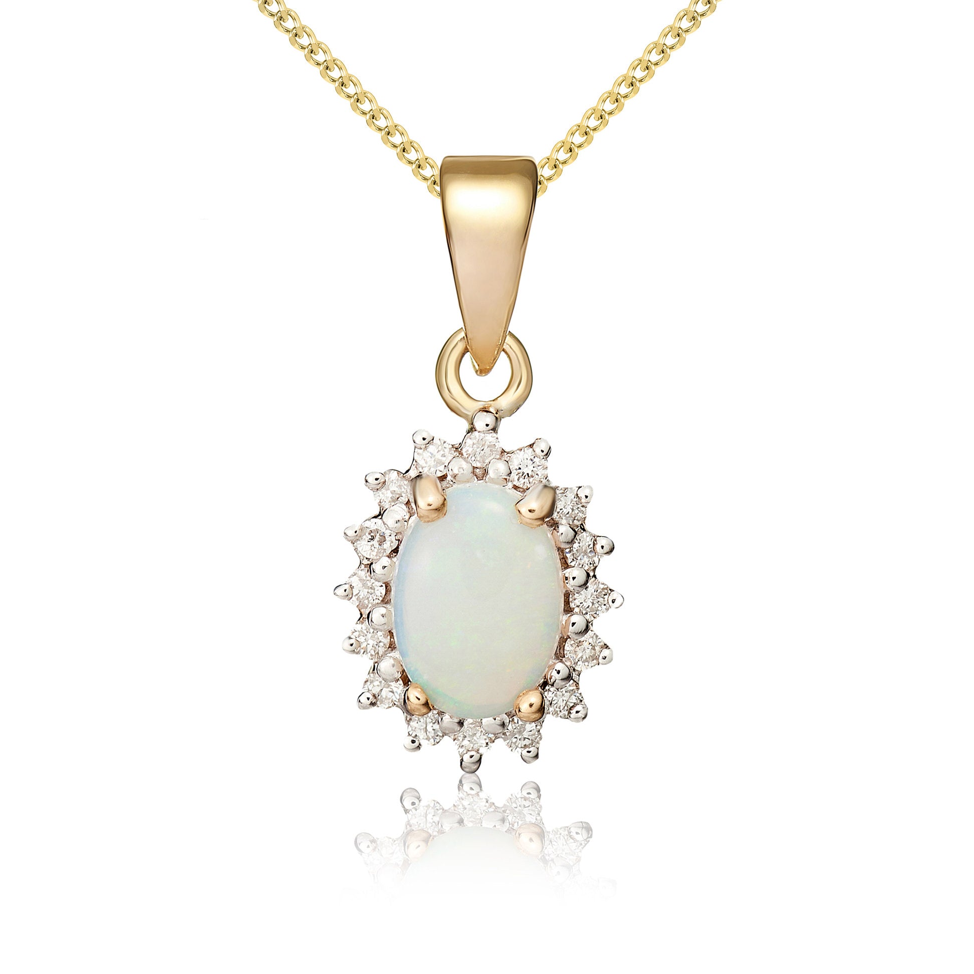 9ct Yellow Gold 7x5 Oval Opal & Diamond Claw Set Cluster Pendant Rhodium to Diamonds