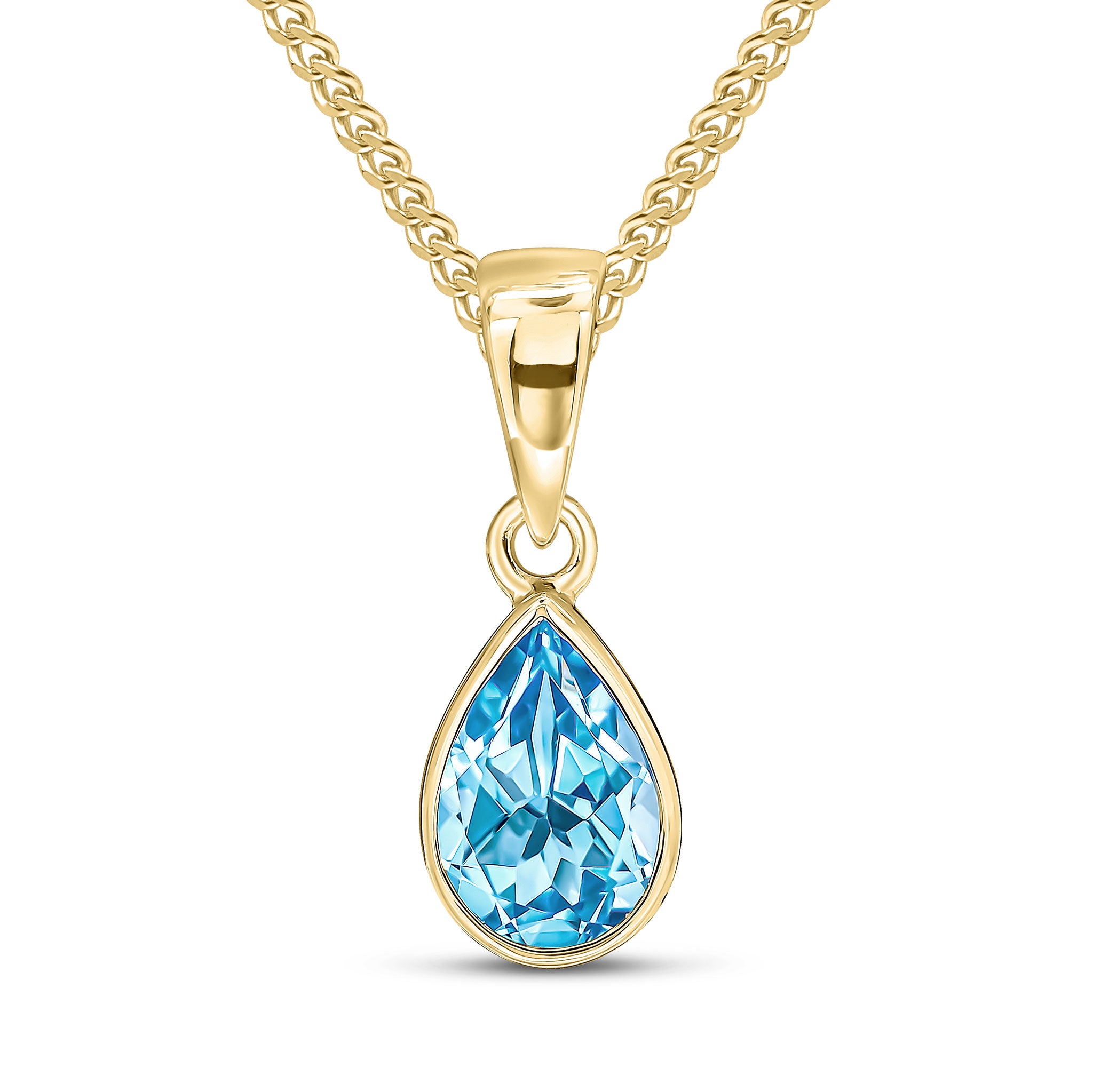 9ct yellow gold 7 x 5mm Pearshape Swiss Blue Topaz Rubover Pendant
