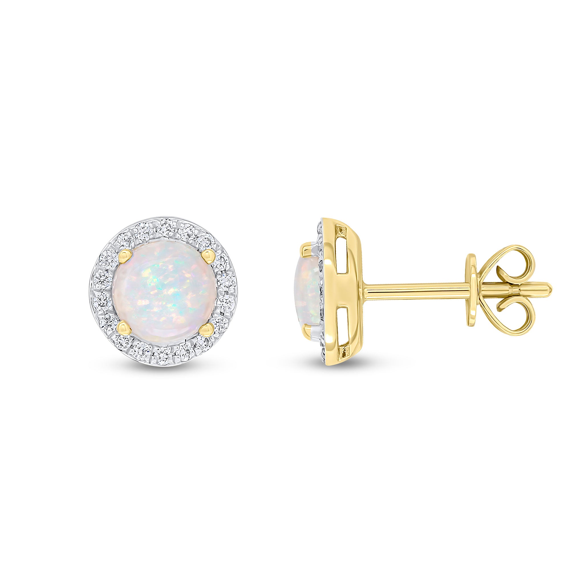 18ct Yellow Gold 5.5mm Round Opal & Diamond Claw Set Cluster Earrings Rhodium to Diamonds